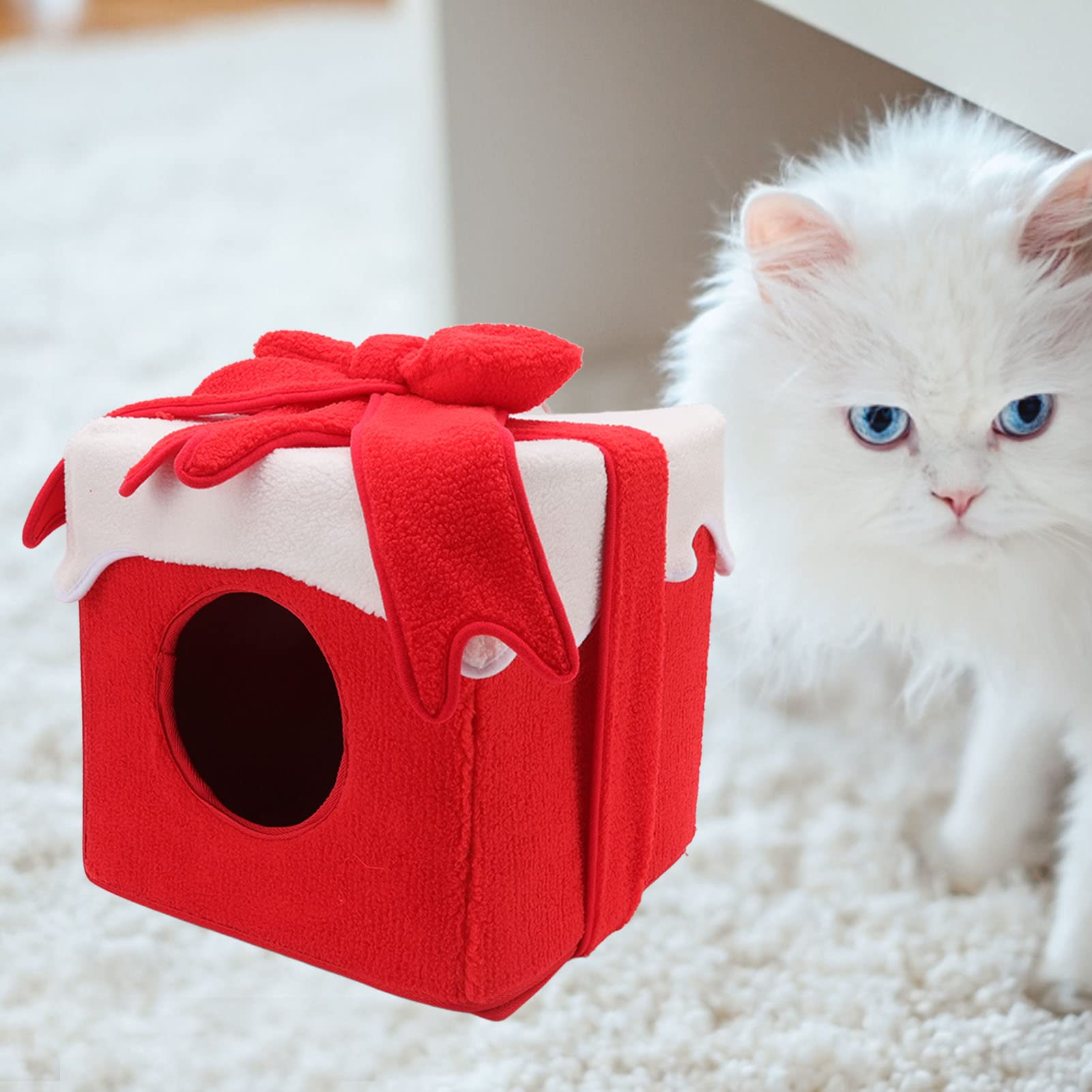 Grotte pour Chat en Forme de Noël, Lit Doux avec Boîte Cadeau,