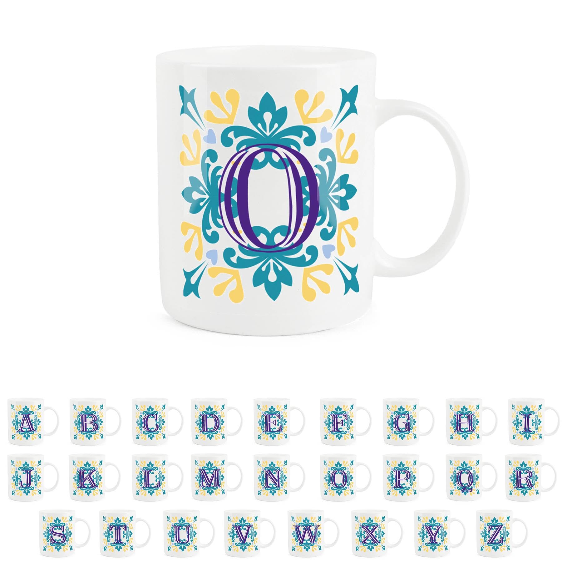 Purely Home Moroccan Tile Yellow & Blue Letter O Mug - White Initial Personalised Alphabet Tea Coffee Bone China Mug