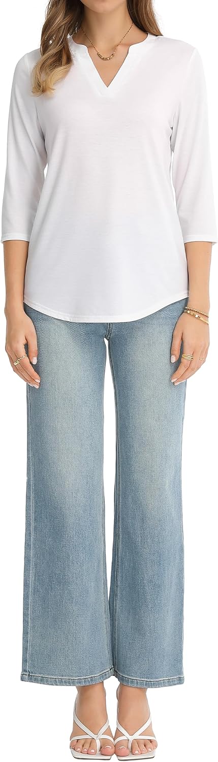 QUALFORT Women's 3/4 Sleeve V Neck Shirt Curved Hem Dressy Casual Spring Tops 2026 - Image 4