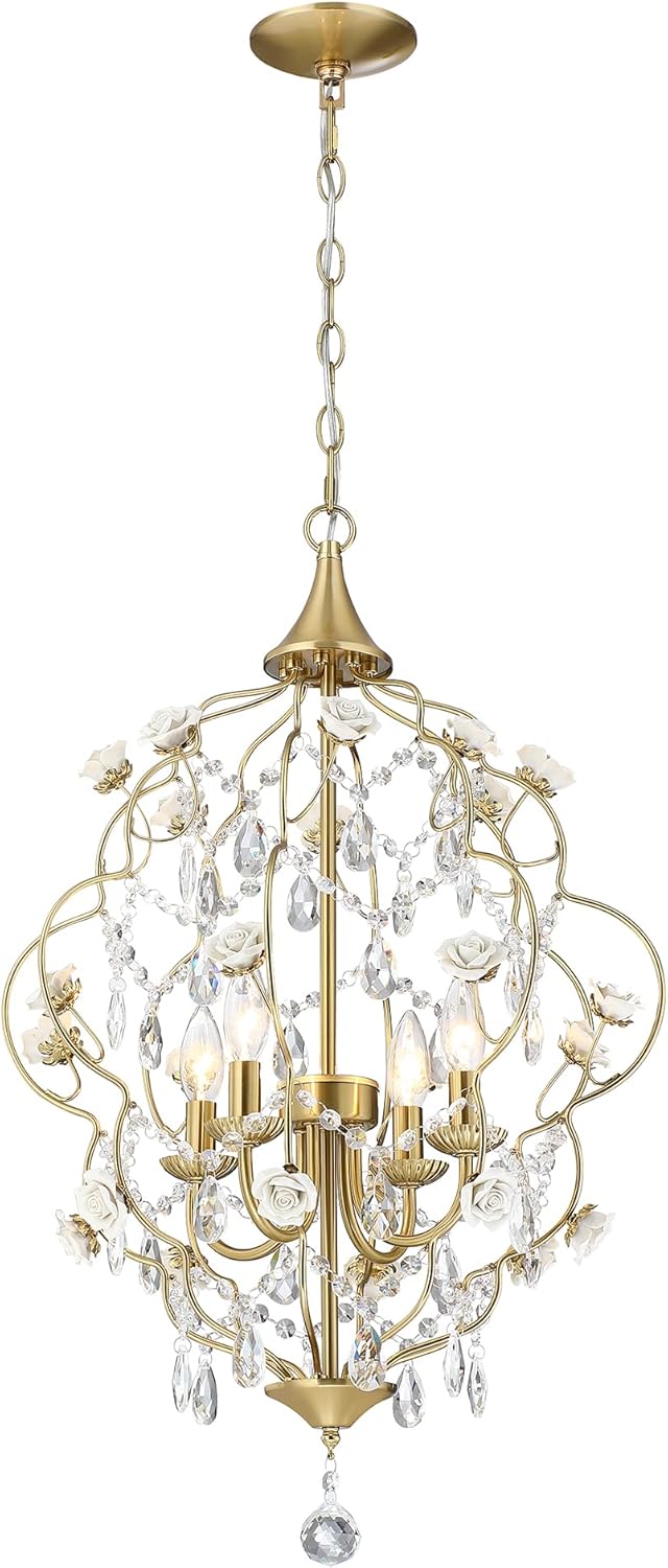 MEXO Floral Chandelier, Crystal Light Fixture, Ceramic Roses Hanging Light, Crystal Gold Chandelier with Clear Cut Crystals and White Ceramic Roses for Dining Room Bedroom Hallway Vintage Home