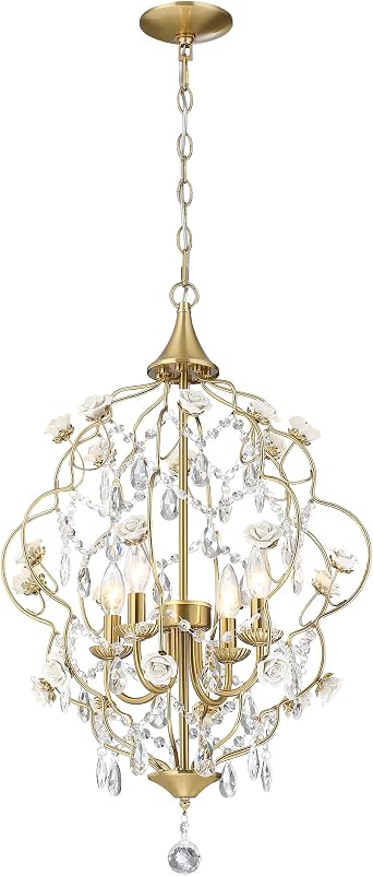 MEXO Floral Chandelier, Crystal Light Fixture, Ceramic Roses Hanging Light, Crystal Gold Chandelier with Clear Cut Crystals and White Ceramic Roses for Dining Room Bedroom Hallway Vintage Home