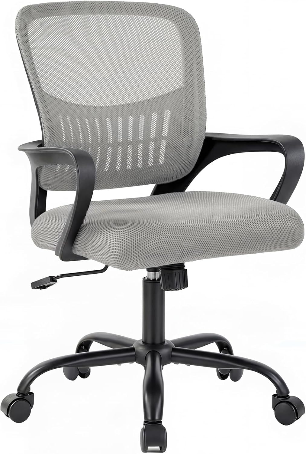 DUMOS Home Office Chair - Ergonomic Mid Back Mesh Desk Chair with Lumbar Support & Rocking Mode, Height Adjustable, Fixed Armrest, for Conference, Computer, 360° Swivel, Adults, Grey