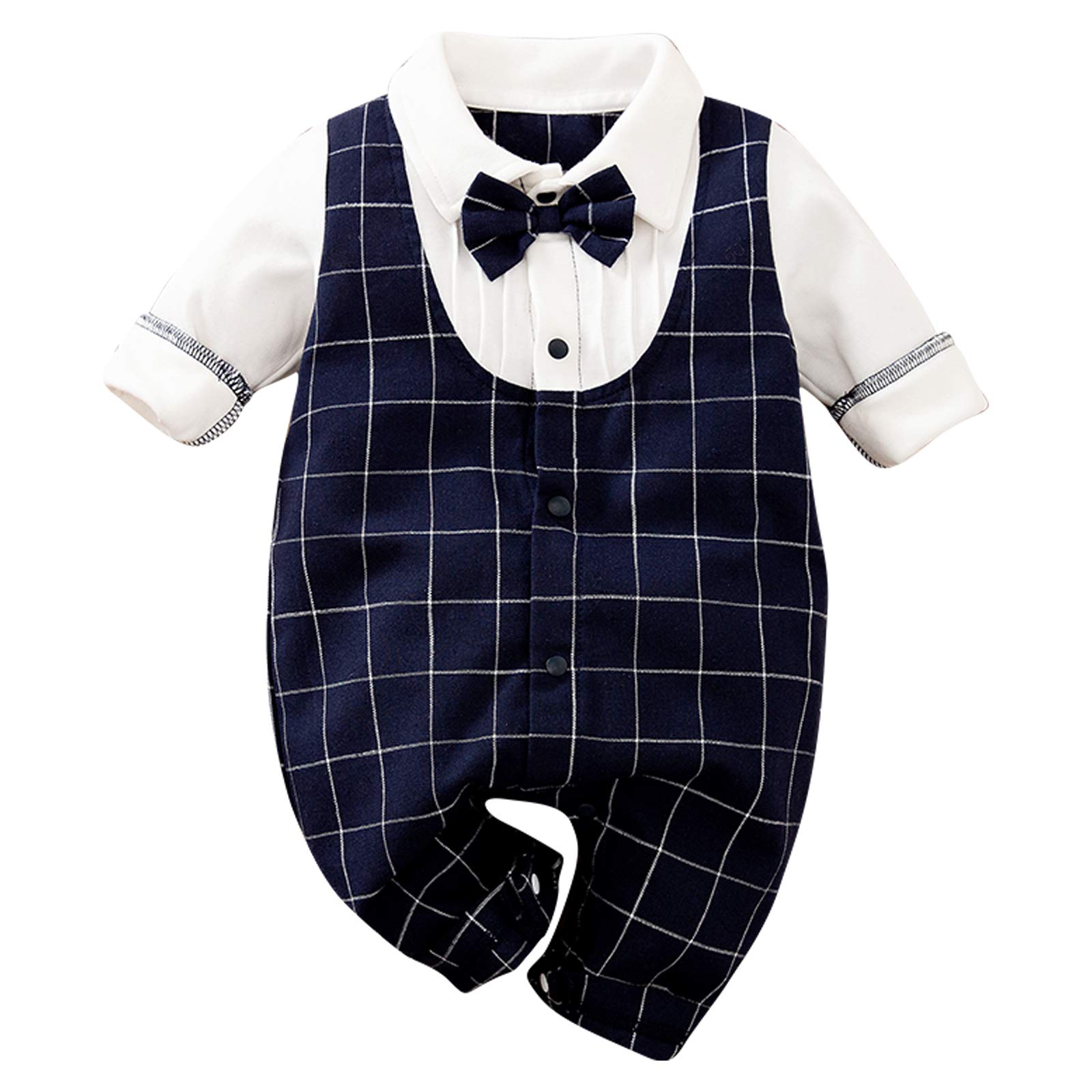 RELABTABY Newborn Baby Boys Long Sleeve Tuxedo Plaid Bow Tie Gentleman Formal Suit Jumpsuit Overall Romper Wedding Outfit