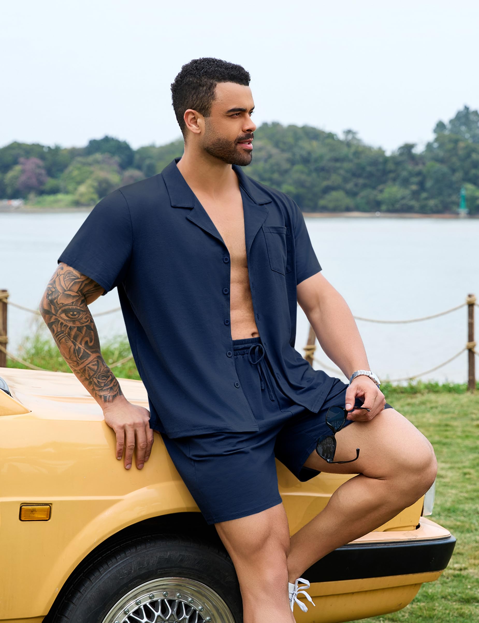 Pigiama Uomo Estivo Pigami Uomo Corto Estivi Cotone Leggero Bottoni Due Pezzi Manica Corta Casual Morbido e Confortevole