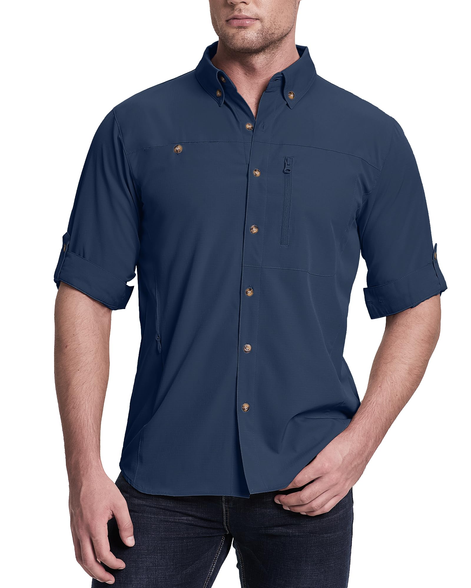 33,000ft Safari Camisa deportiva de manga larga para hombre, UPF50+, protección UV, transpirable, con botones, con bolsillos, para senderismo, pesca, viajes