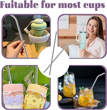 4PCS Straw for Stanley Cup Stainless Steel Replacement Straws Metal Straws Long Washable Straw for Stanley with 1 Cleaning Brush for Fruit Drink Milkshake Cold Drinks Cocktail etc
