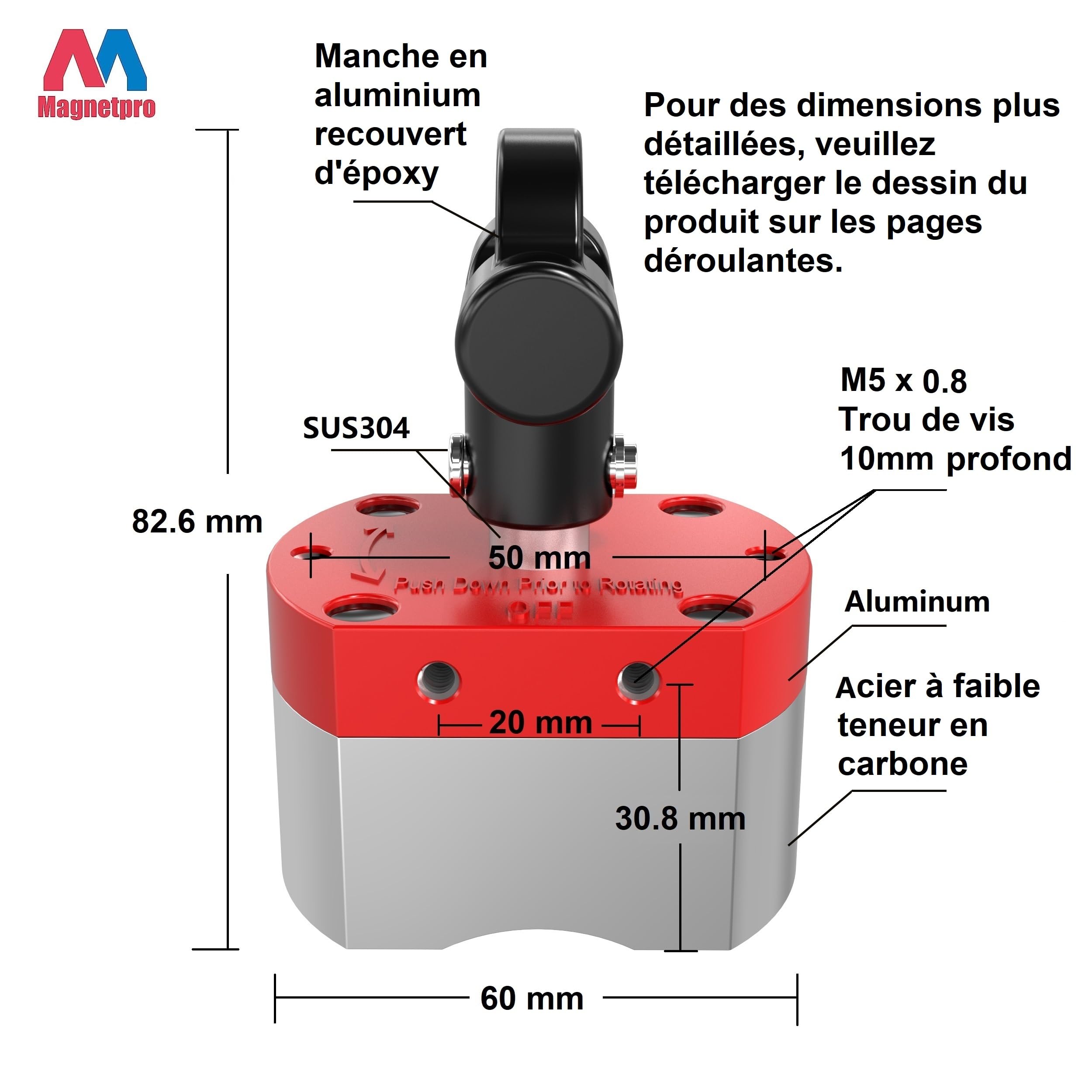 Magnetpro Aimant de commutation polyvalent, aimant levage avec force de 100 KG,aimant ON/OFF pour le levage,l'usinage et le positionnement de soudage,automatisation,séparation des métaux (MSW-100)