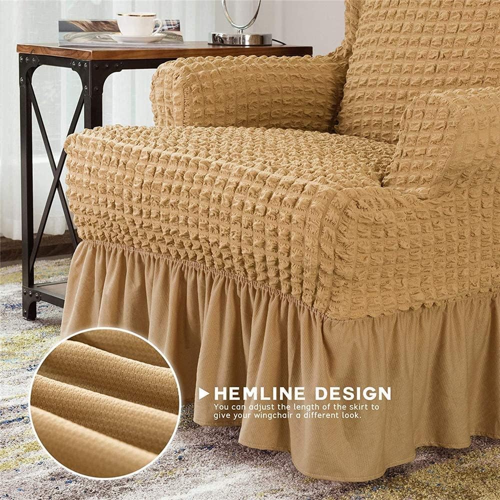 Wing Back Chair Cover with Ruffle - Stretch Slipcover with Skirt 1 Piece Universal, Elegant and High Elastic Seersucker for Wing Back Chairs