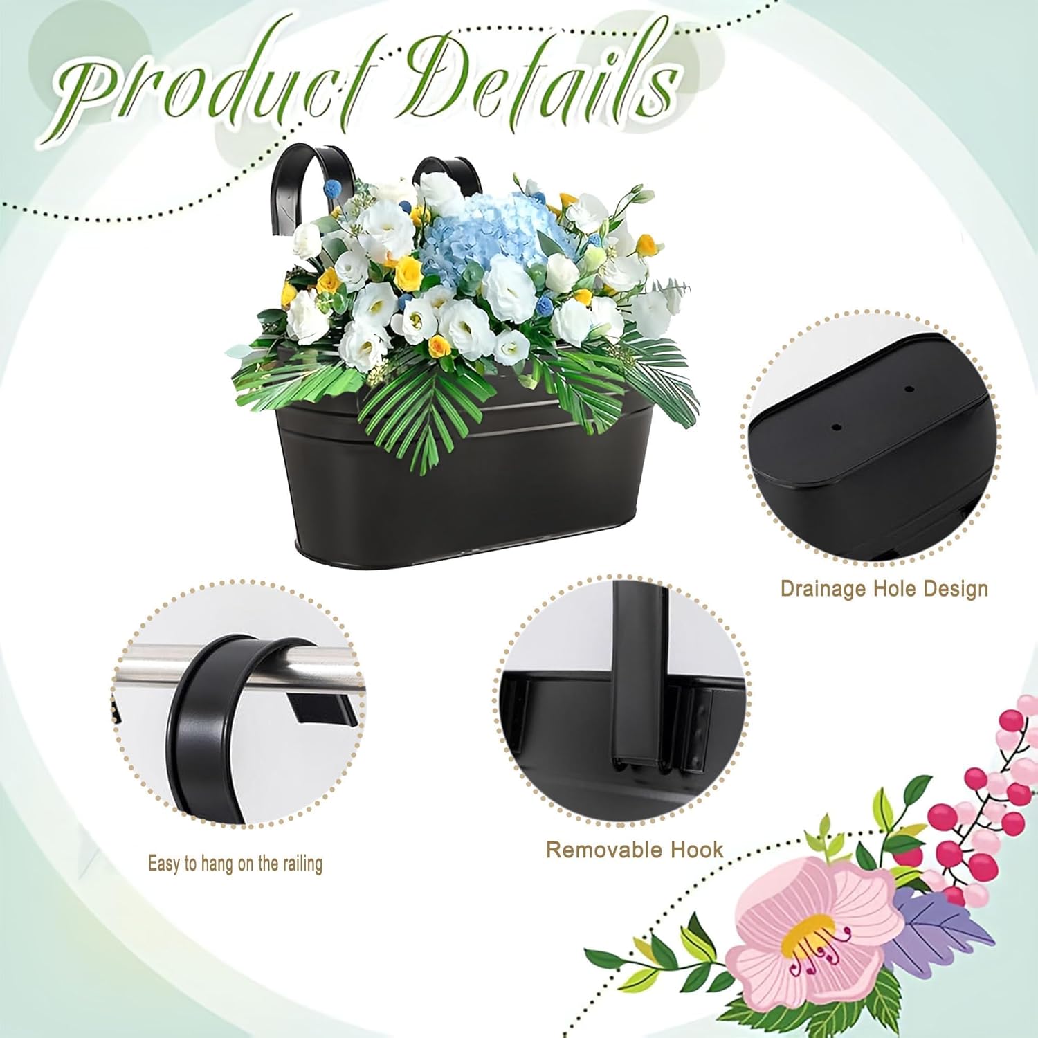10.6 Inch 5 Pack Long Slot Wrought Iron Hanging Flower Pots Small Metal Hanging Flower Basket with Removable Hooks and Drainage Holes Suitable for Porch Railing Balcony Fence Garden (HS)