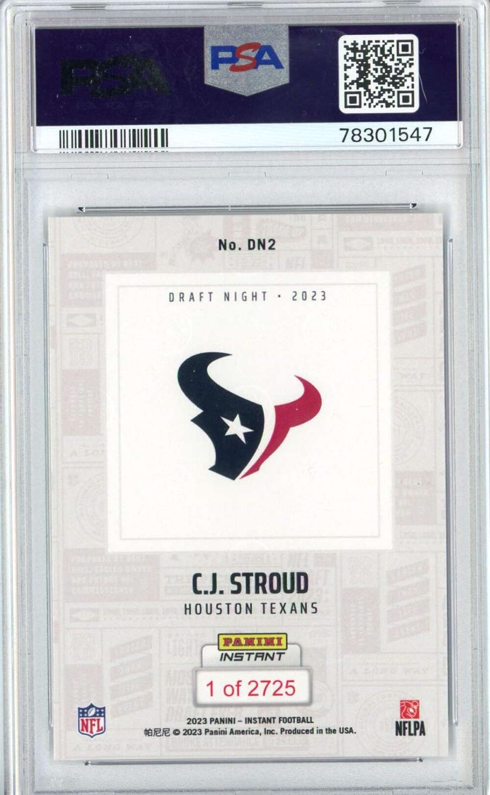 Graded 2023 Panini Instant CJ Stroud #DN2 NFL DRAFT NIGHT Rookie RC Football Card PSA 10 Gem Mint
