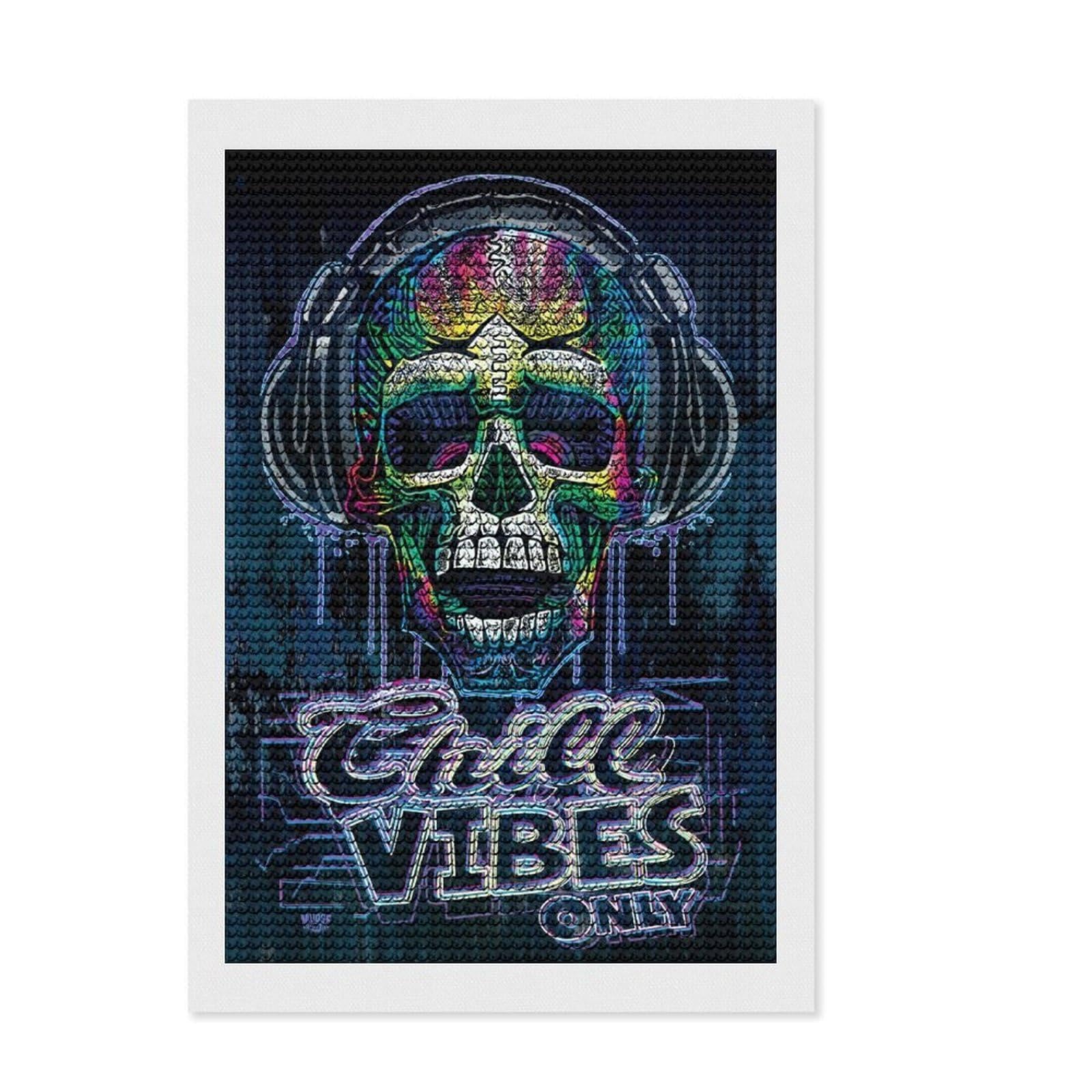 Junmoney Dripping Skull Chill Vibes Full Drill Diamond Painting Kit 8"x12", Nice Detail and Sparkle, Fun Craft Experience, Bedroom Decor, Gift Idea