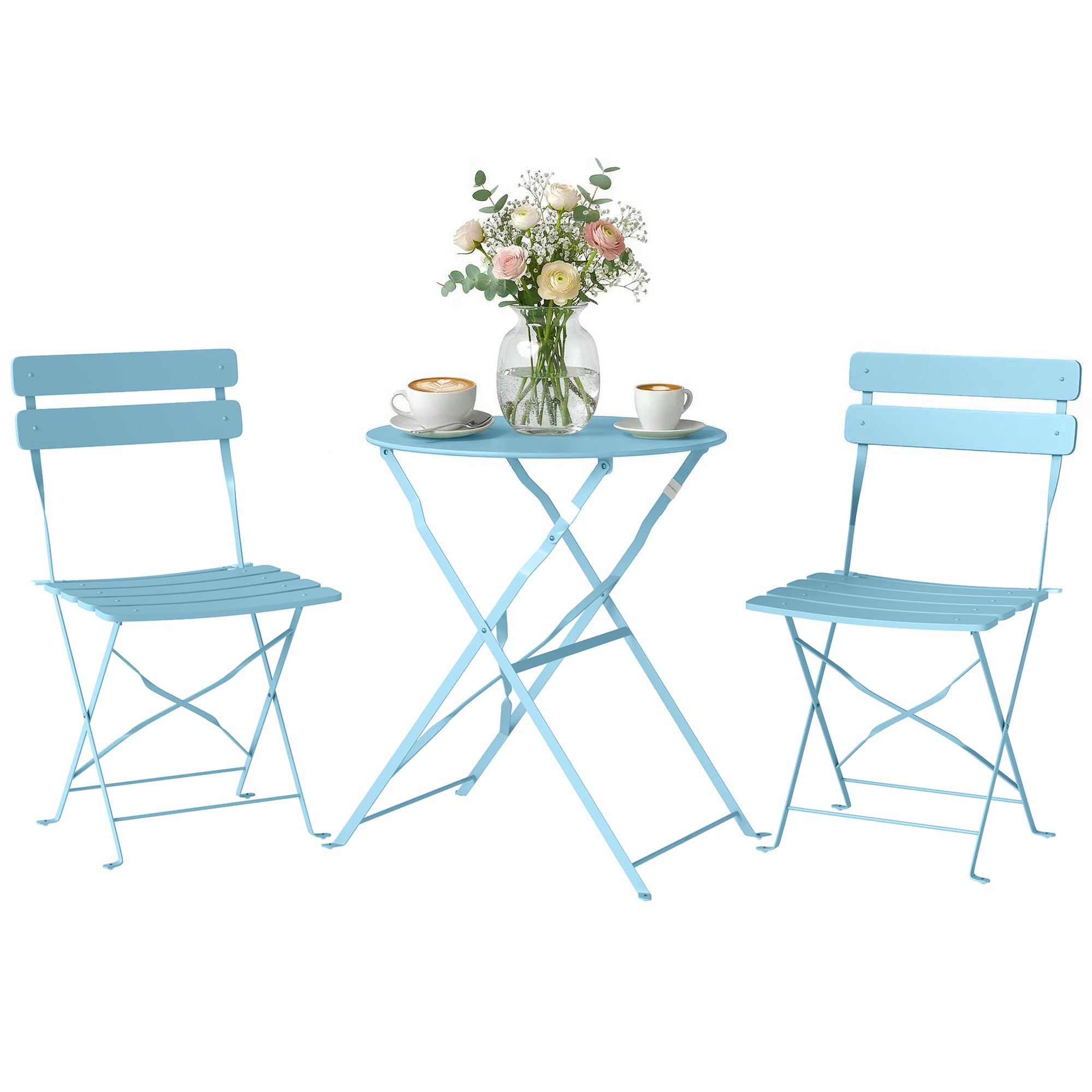 Outsunny 3 Piece Folding Bistro Set, Round Bistro Table and Chairs Set 2 with Electrophoresis Metal Frame, Small Outdoor Garden Furniture Conversation Sets for Patio, Balcony, Porch, Light Green — view 10