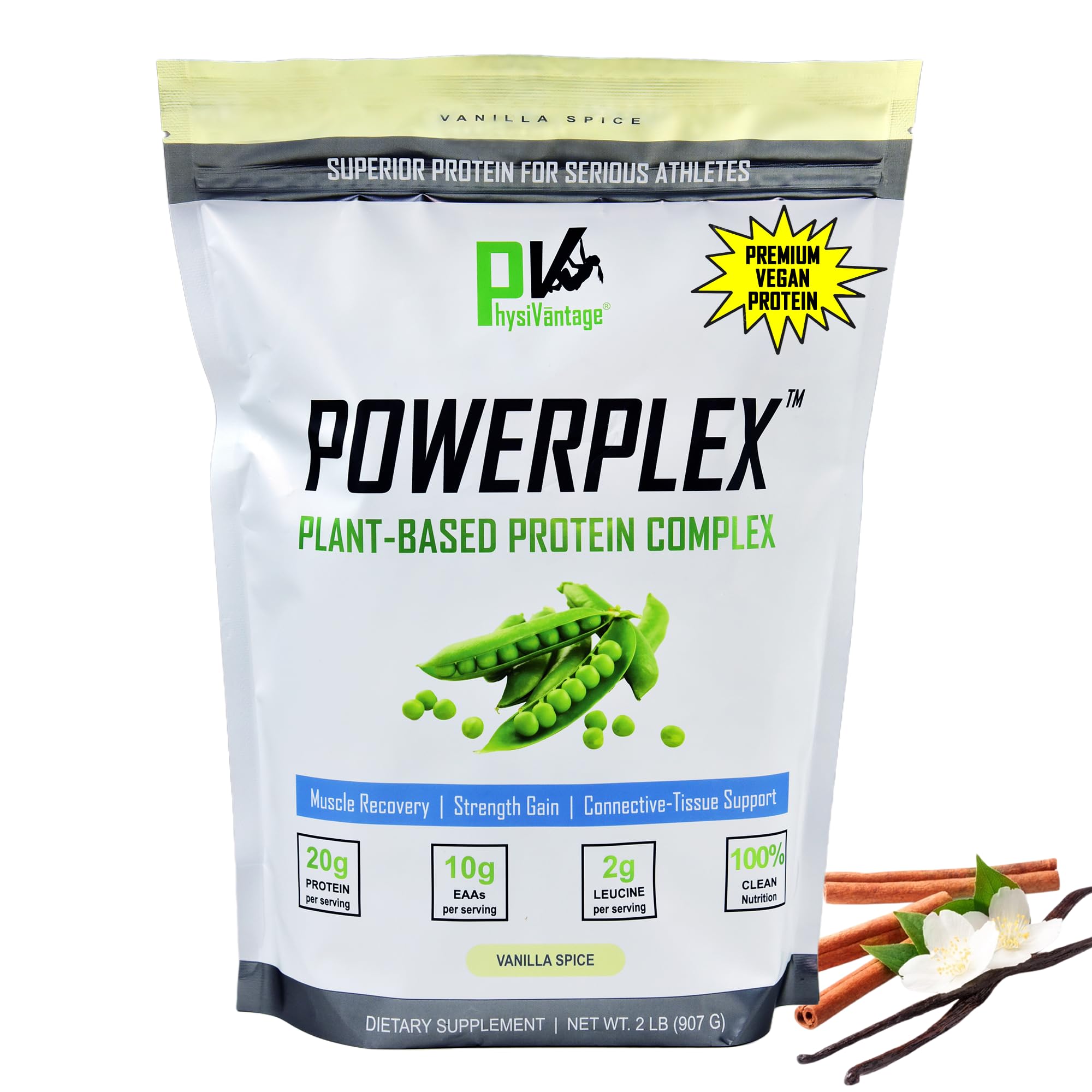 PhysiVantage POWERPLEX Vegan Protein Powder, Collagen Alternative - Organic Plant-Based Pea & Rice Protein, Dairy-Free, Non-GMO, Supports Muscle & Joint Recovery, Monk Fruit Sweetened 2 lb (Vanilla)