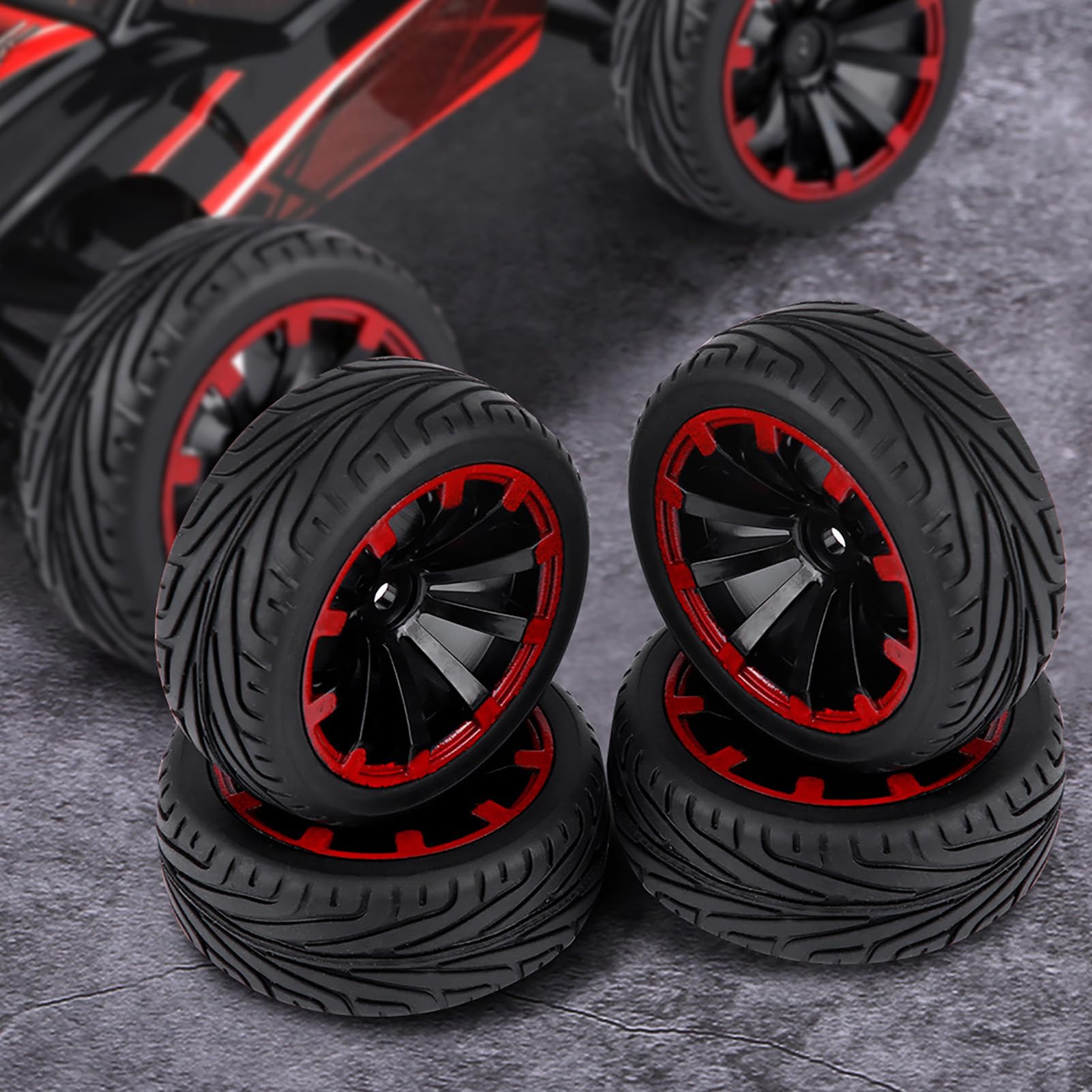 Tires,4pcs Set Tires Rubber Tyre Racing Off Road Wheel Rim for RC 1:10 Car Part (F-shaped tire pattern with red and 10-hole)