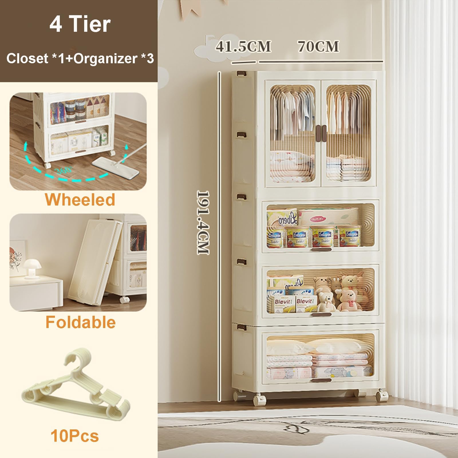 GarveeHome Aufbewahrungsbox Mit Deckel Groß Plastik Ordnungsboxen Faltbare Kleiderschrank Mit Rollen Stapelbare Aufbewahrungsboxen Mit Tür, 70 x 41,5 x 191.4cm