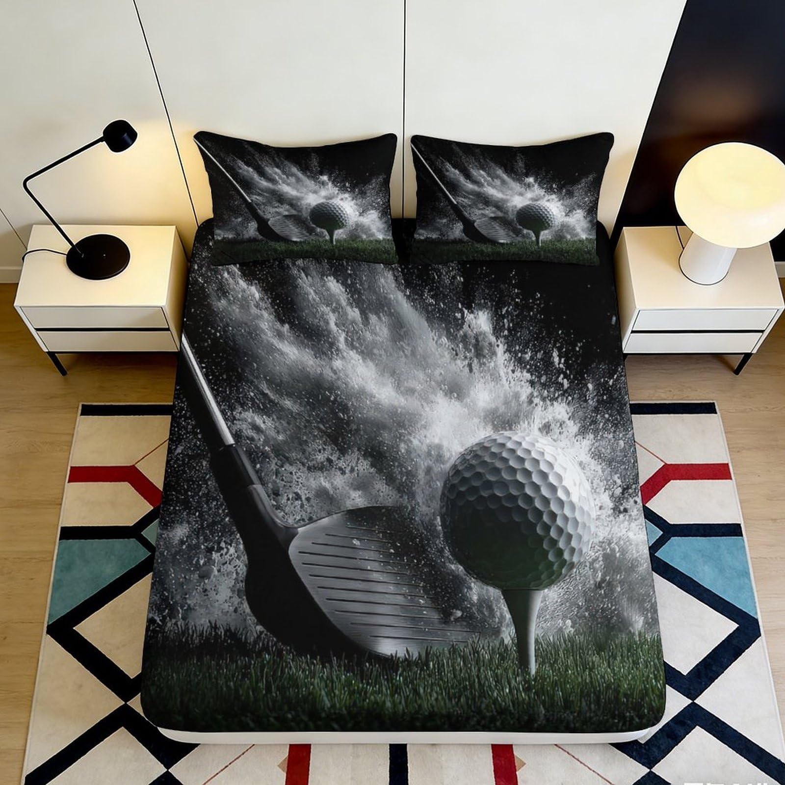 3D Printed Golf Ball Fitted Sheet Microfiber Soft Durable Golf Club Bed Cover for Bedroom Dormitory Guest Room Mattress Protection and Decoration 160x200x25cm