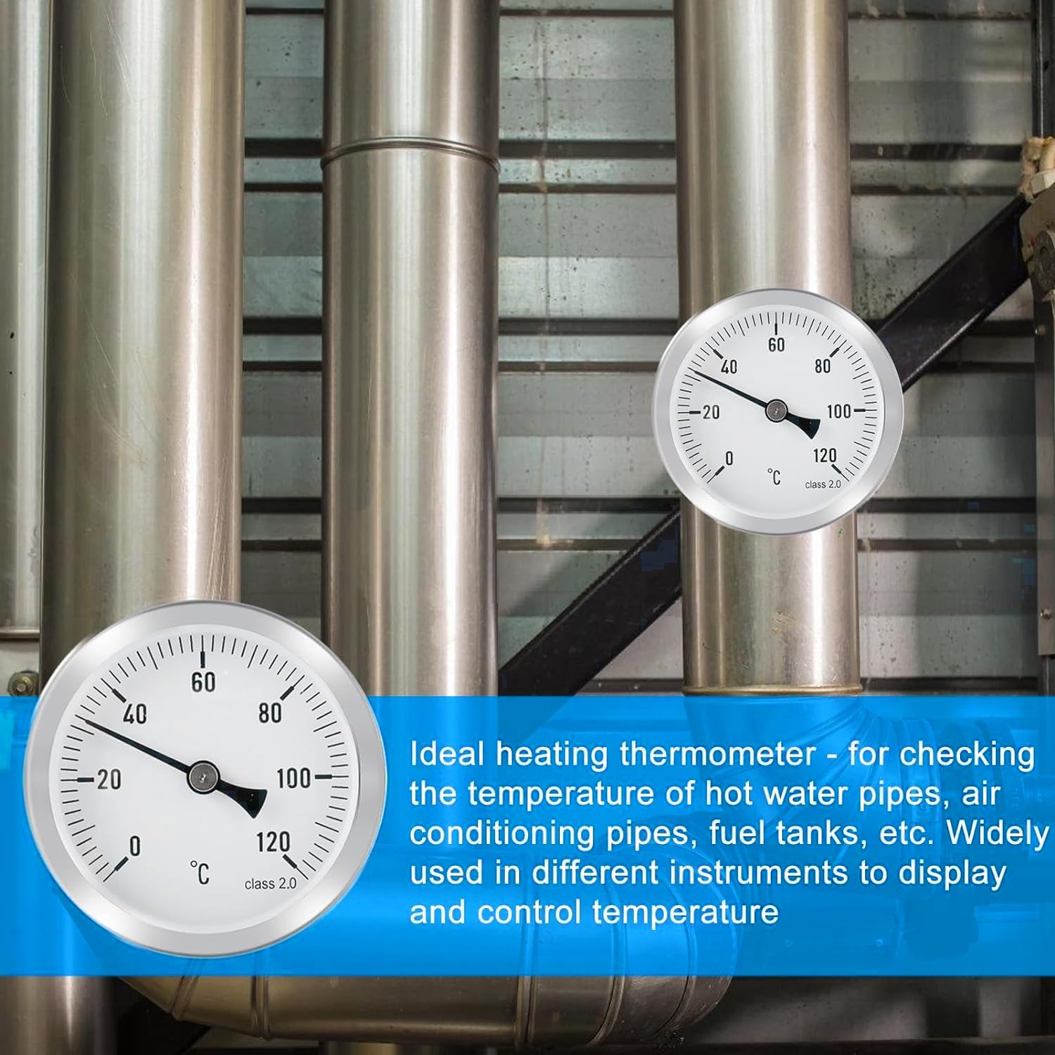 2 termometri per riscaldamento 0-120C 63 mm, termostato per radiatore per il controllo della temperatura su tubi del radiatore con contatto bimetallico in acciaio e superficie in acciaio inox.