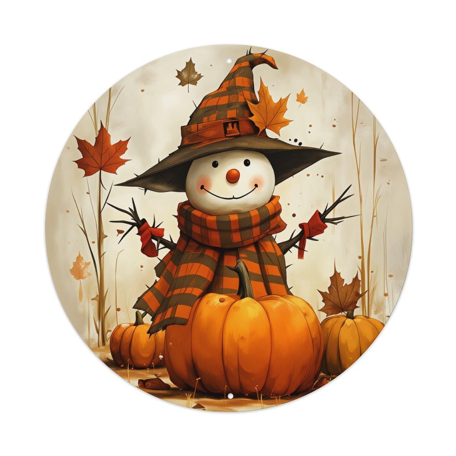 Autumn Snowman Pumpkin Leaves Hat Round Tin Sign Retro Metal Sign for Cafe Bar Pub Home Game Room Gym Club Wall Decoration Vintage Metal Poster 8x8 Inch