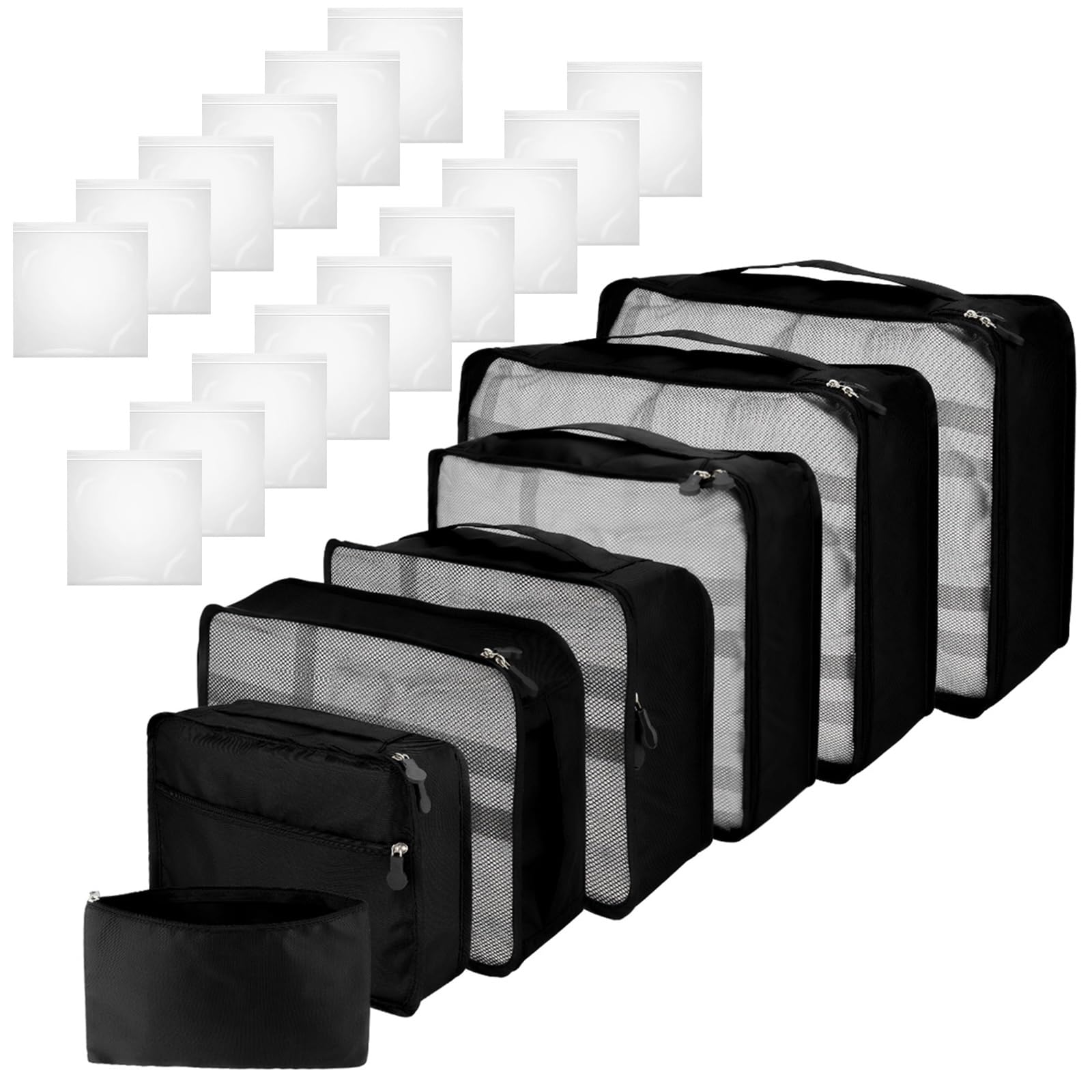 7× Koffer Organizer und 15× Handgepäck Flüssigkeiten (20 x 20 cm), Organizer für Koffer und Rucksäcke sowie von Fluggesellschaften zugelassene Handgepäck Kulturbeutel für Flugreisen (Schwarz 22 Pcs)
