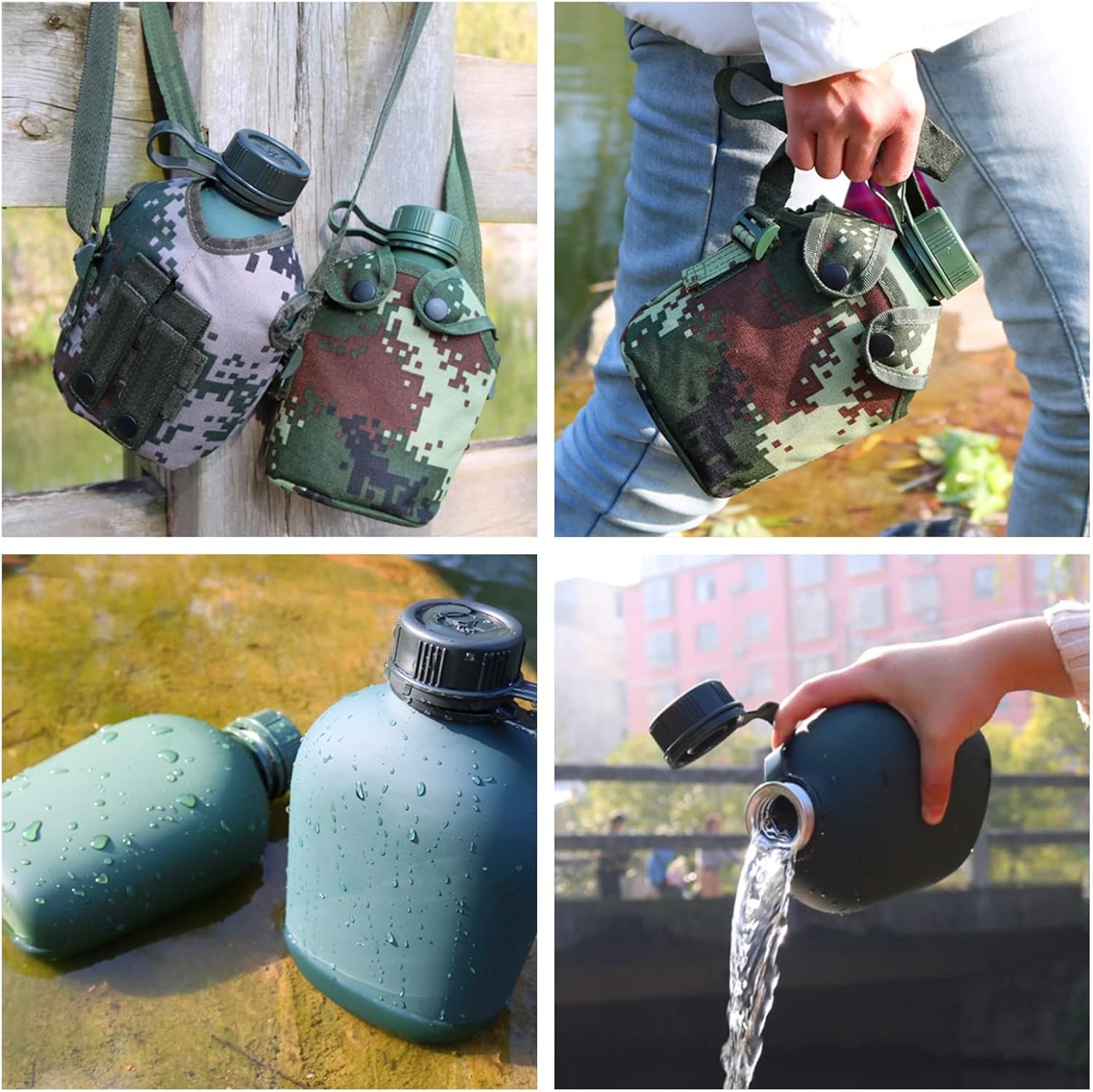 Portable Lightweight Military Canteen, 1.1 Quart Capacity Water Bottle Made of Aluminum Alloy, Gift Camouflage Bag, Portable Suitable for Mountaineering, Camping, Cycling, Travel