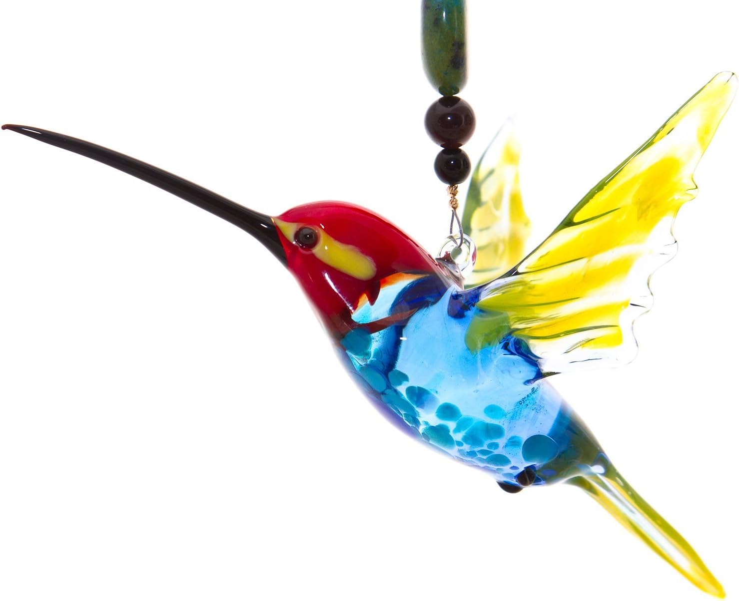 8" Hanging Collectible Murano Glass Red Headed Hummingbird Ornament with Turquoise and Tiger Eye Beading - Great Christmas Gift