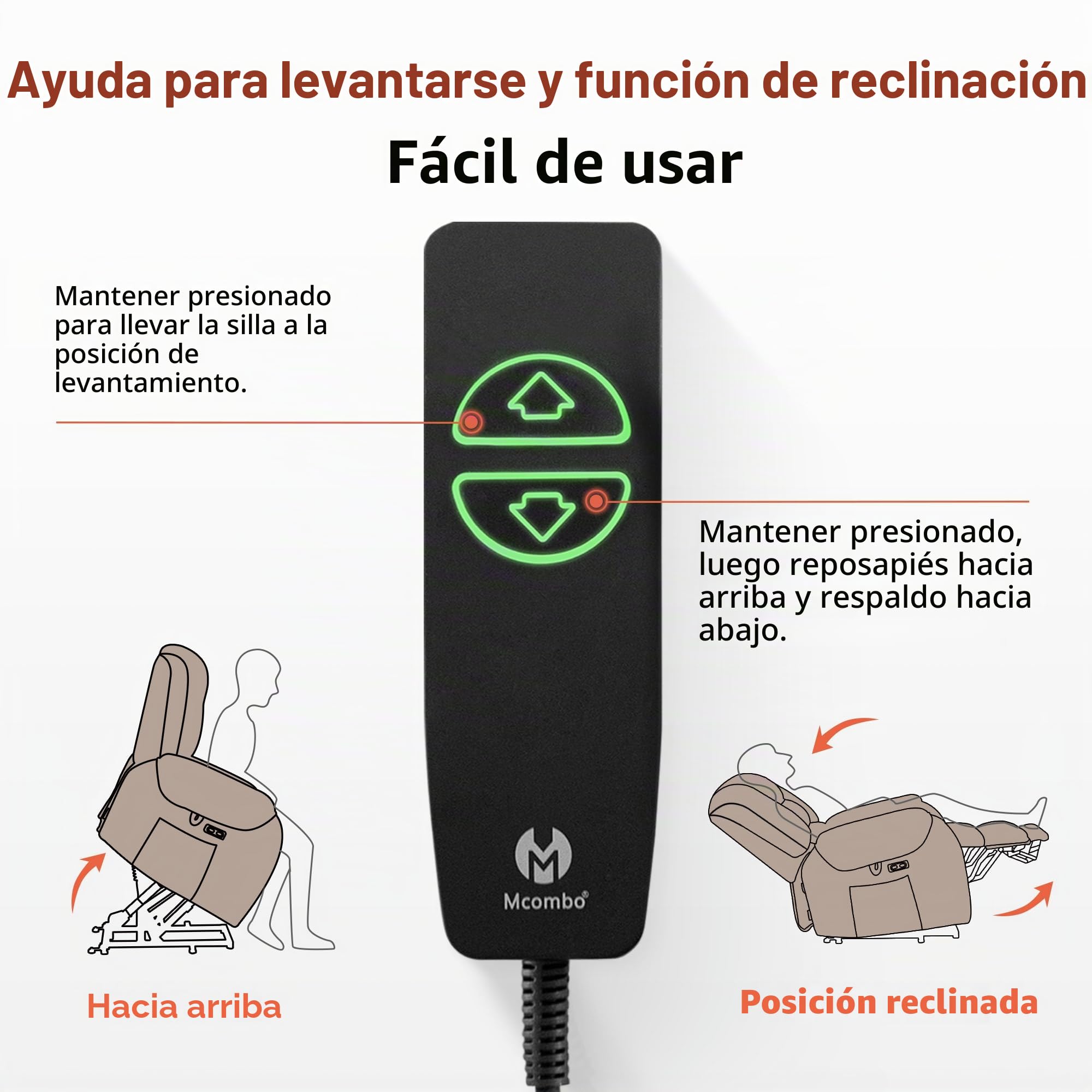M MCombo Sillón eléctrico con Ayuda para levantarse, con Masaje y calefacción, sillón de Relax con función reclinable hasta 145° 35D, cojín de Espuma Completa, Soporte Oculto 7252 (Tela, Gris Oscuro)