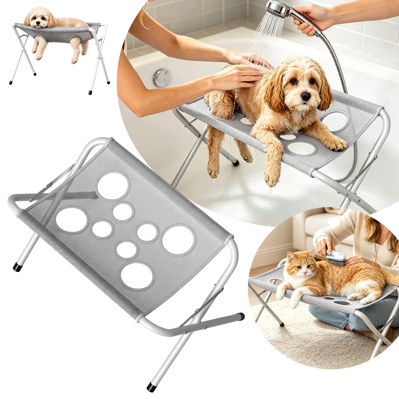 Dog Shower Hammock Chair, Foldable Grooming Bed, Pet Shower Holder Stand