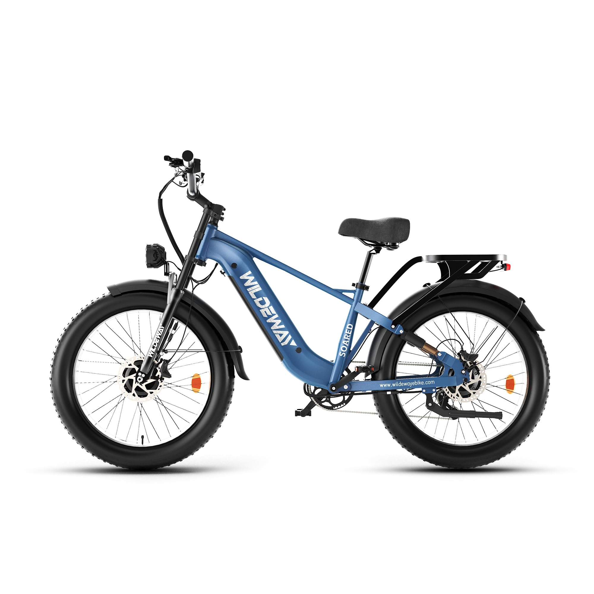 SOARED Adult electric mountain bike featuring dual motors, a torque sensor, a removable 48V 30Ah battery, hydraulic brakes, full suspension, and 26×4.0-inch wide tires