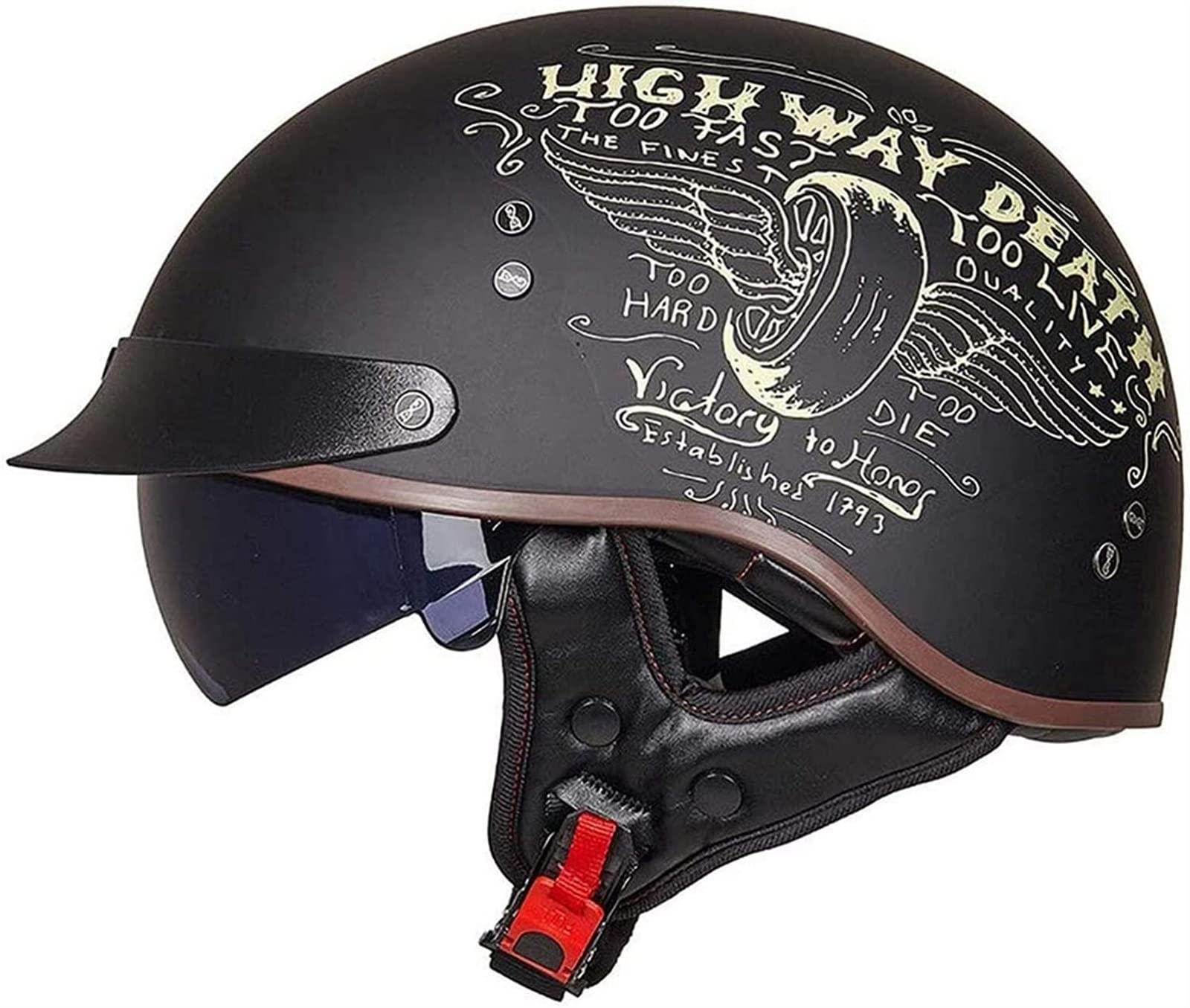 Caschi in pelle,Casco Jet Vintage Omologato ECE/DOT,Mezzo Casco Moto Pelle D 'epoca Con Occhiali Da Aviatore,Caschi Scooter Caschi Street Cruiser Da Uomo E Da Donna. (Schwarz,M/57-58cm