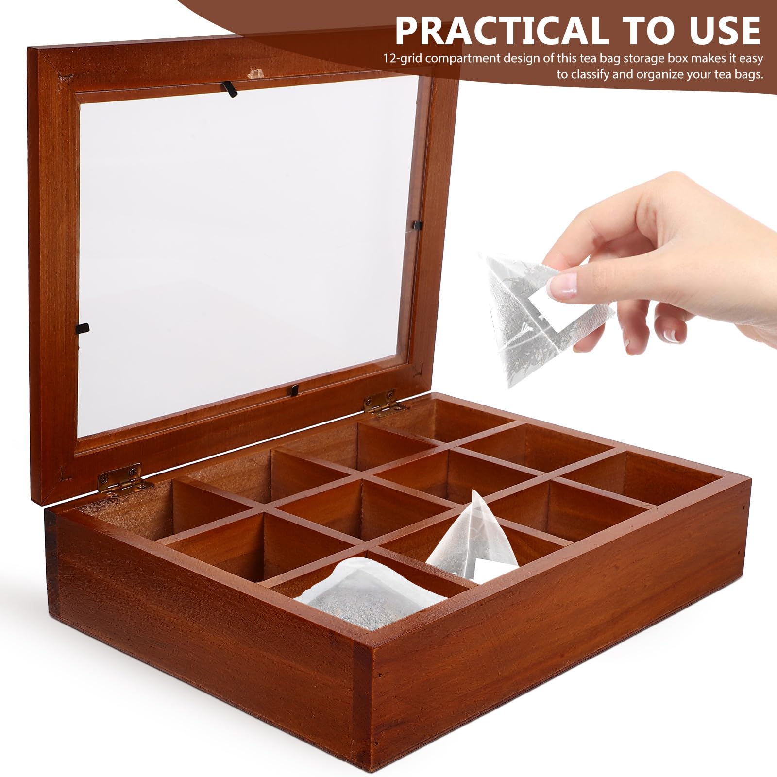 Caja de Almacenamiento de Madera Marrón con 12 Compartimentos para Bolsitas de Té, Diseño Elegante y Portátil para Área de Comedor y Decoración del Hogar