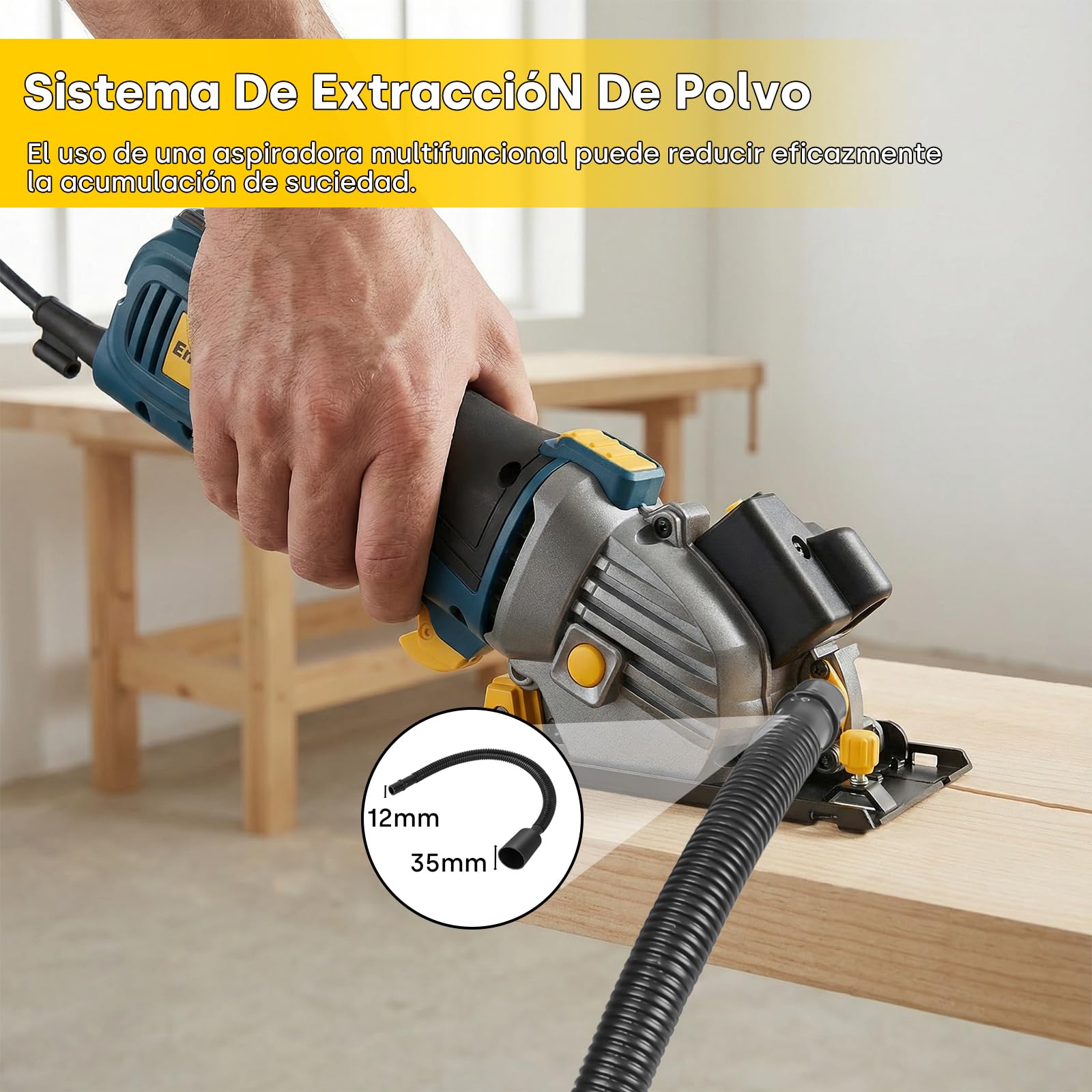 Enventor Mini Sierra Circular con Láser, 600W, 3 Hojas de Sierra(89mm) | 5500RPM, Manejo con una Sola Mano, para Madera, Azulejos, Plástico y Metal finos
