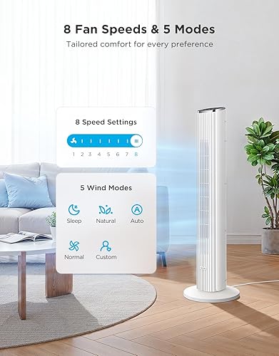 Miniatura 5 de GoveeLife Ventilador de torre blanco para dormitorio, ventilador de piso inteligente de 36 pulgadas con control de aplicaciónvoz, sensor de