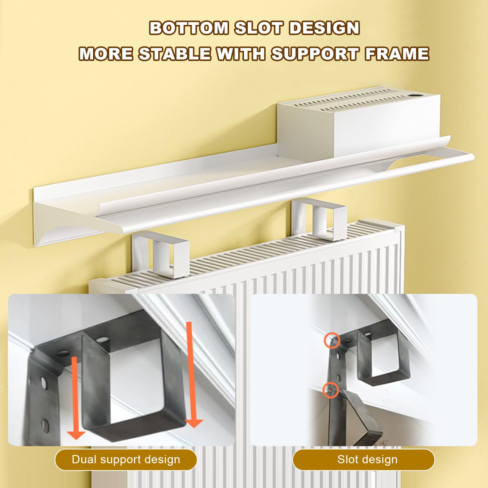 Mensola sopra il radiatore con barra portasciugamani Copertura del radiatore in alluminio senza foratura Design galleggiante per soggiorno, cucina, ufficio, staffa in acciaio inox soluzione