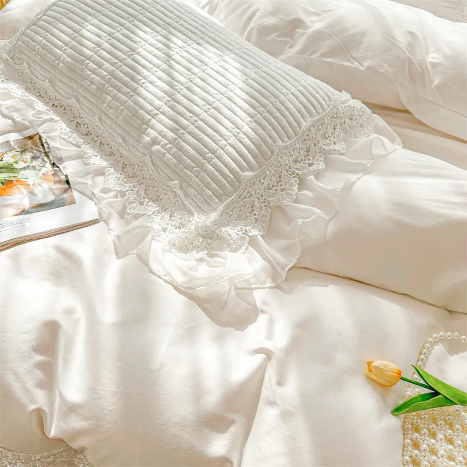 100% Cotton Ruffle Pillow Case, Pack of 2 Lace Ruffled Pillow Covers, Soft Quilted Pillowcase Decorative Pillow Shams for Bed (Beige)