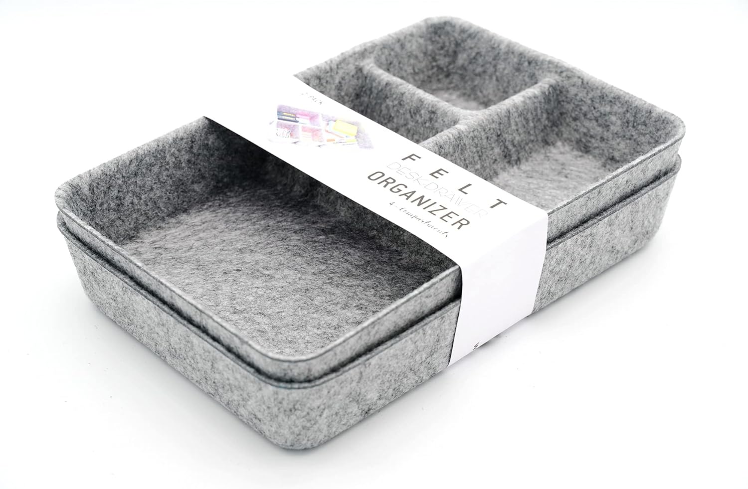 Junk Drawer Organizer bin 4 Compartments Office Organizers Bins Felt Trays Drawers 2 dividers Multi-Purpose Storage (Grayx2)