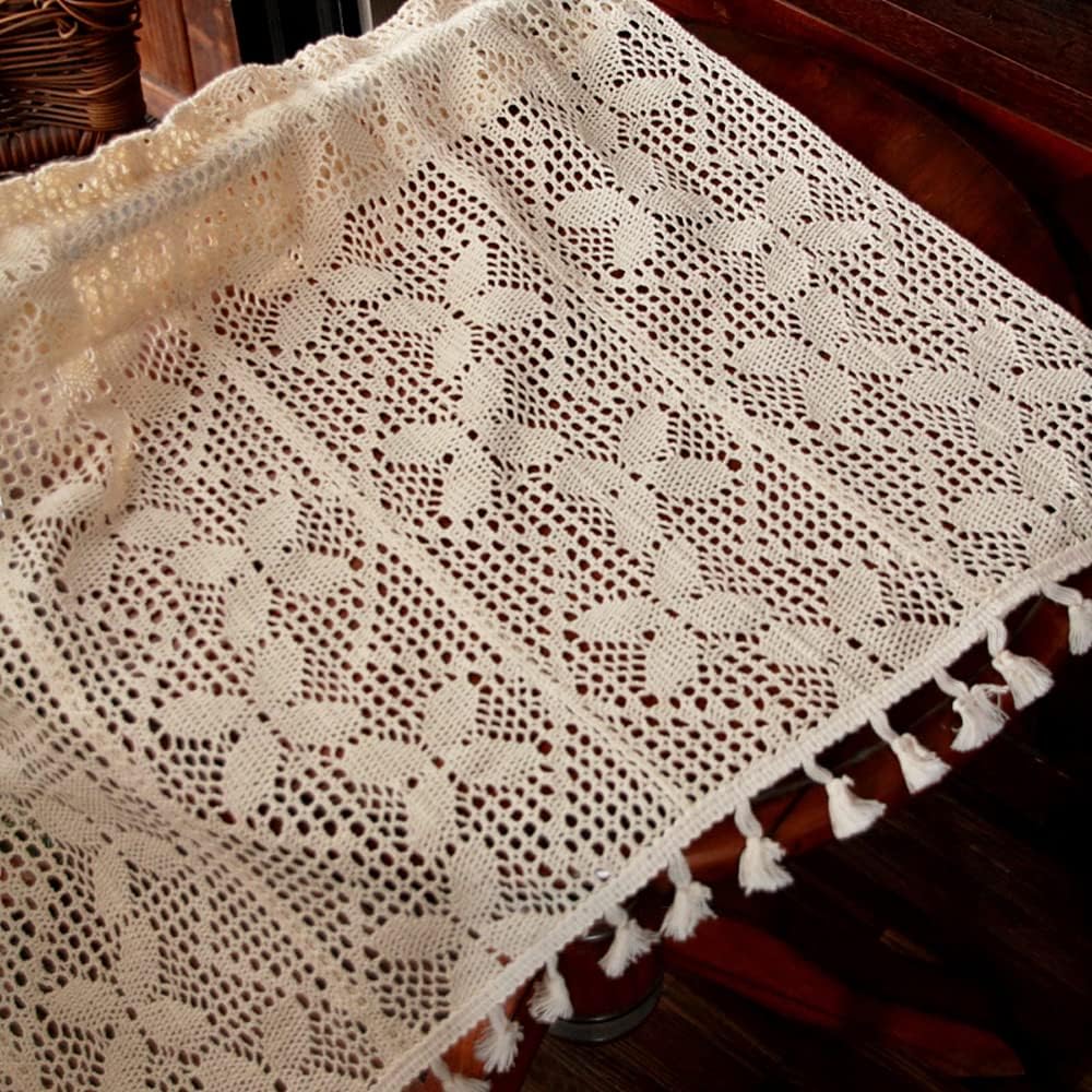 Boho Farmhouse Quatrefoil Pattern Window Tier Curtains with Tassels Design Kitchen Cafe Handmade Macrame Crochet Half Curtain Drapes for Small Window Doorways,1 Rod Pocket Panel W39''x L35''