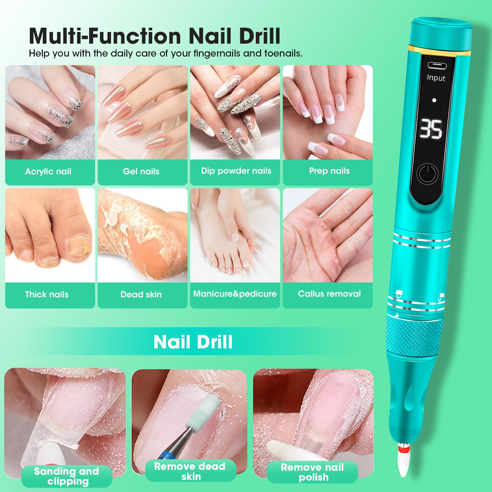 Taladro de uñas profesional inalámbrico 35000 RPM portátil recargable eléctrico Efile kit de archivos para uñas de gel acrílico, herramienta removedor de pulido de manicura, pedicura, pantalla LED