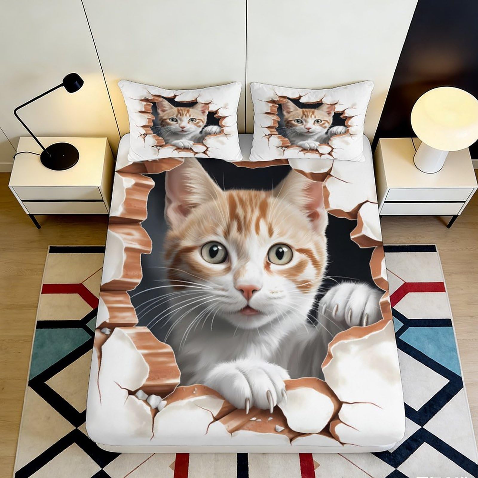 3D Printed Cute Cat Fitted Sheet Microfiber Soft Breathable Kitten Mattress Cover for Bedroom Dormitory Guest Room Protection and Decoration 180x200x25cm