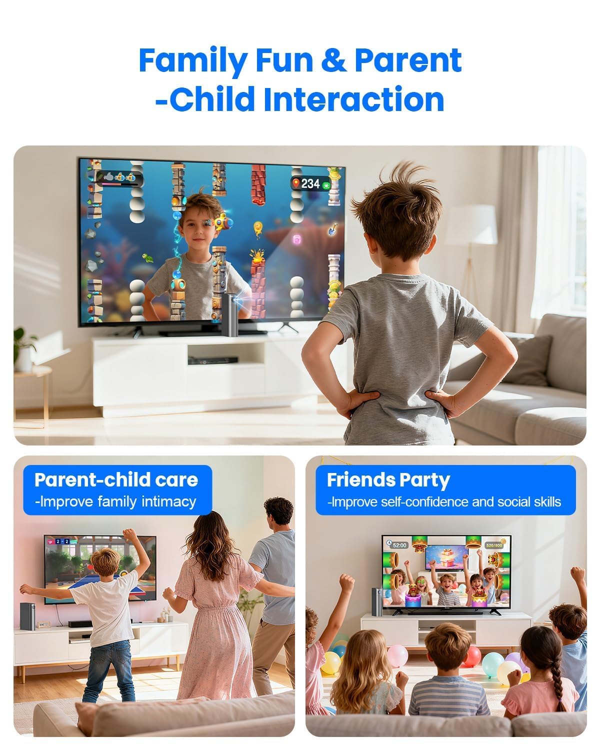 Console Giochi TV per Bambini: con Sensore di Movimento AR - Sistema Plug and Play per Sport in Casa - Videogiochi Interattivi Educativi - Idea Regalo per Bambino e Bambina 6+ Anni (Nero + Grigio)