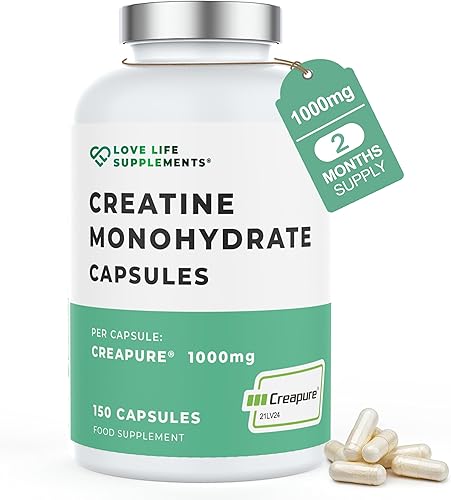 Love Life Supplements Creapure® Monohidrato de creatina, 150 cápsulas, 0.04 oz por cápsula (no polvo ni tabletas), 30-50 porciones, para