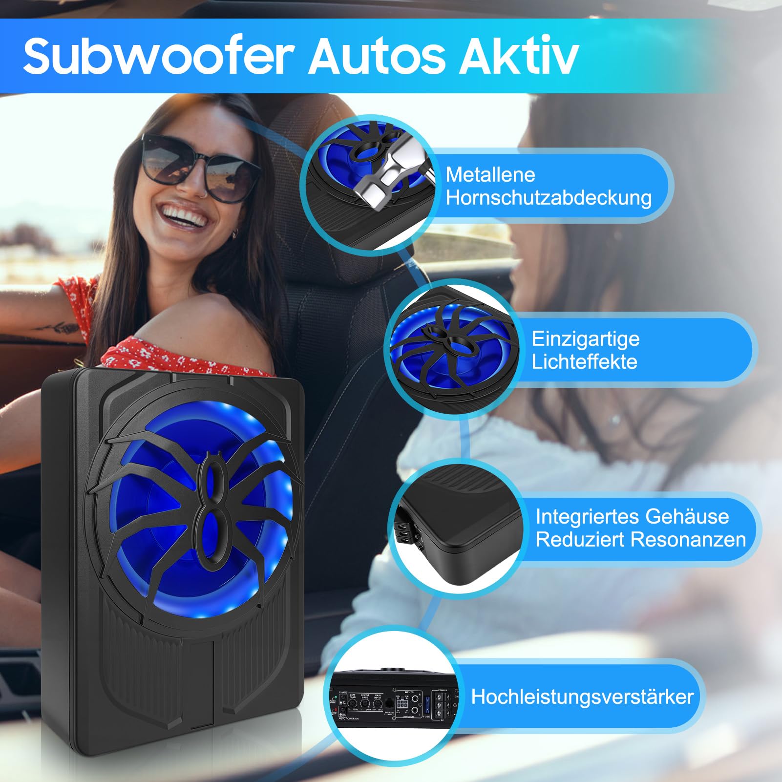 VINGVO Subwoofer Auto,10Zoll 800W Aktiv Subwoofer Für Auto,2.6 Ohm Ultra Flach Untersitz Subwoofer Autos Aktiv Mit Verstärker Controller Tiefton Lautsprecher Fahrzeug Für LKW SUV Truck