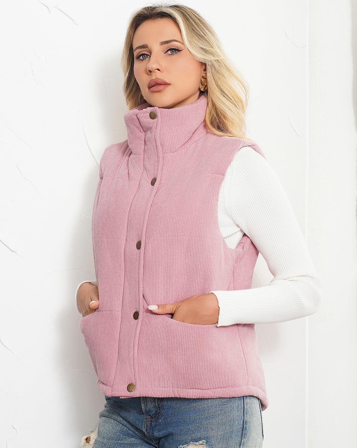 Womens Corduroy Puffer Vest Stand Collar Zip Snap Button Sleeveless Warm Waistcoat Padded Gilet - Image 6