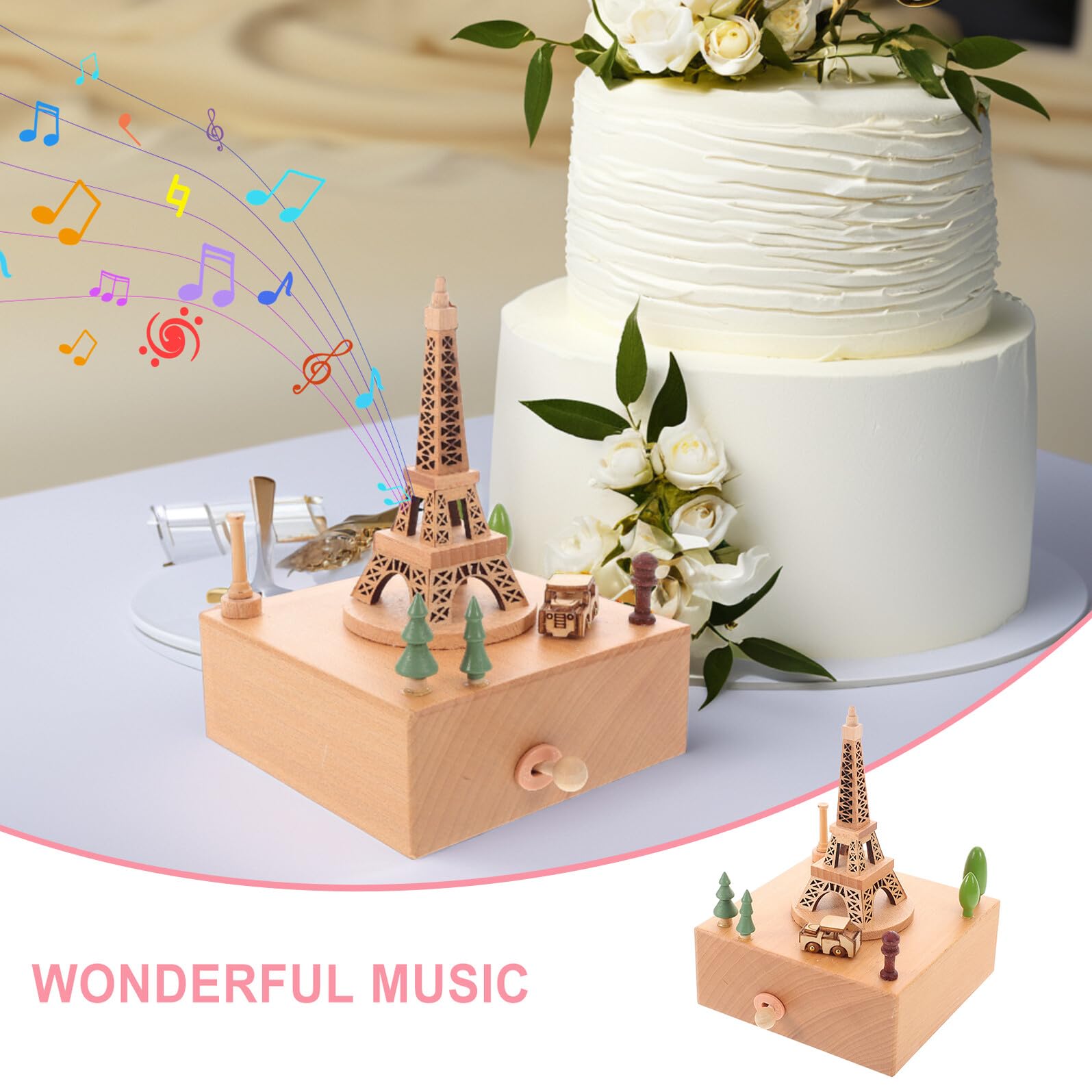 Baluue Caja de Música de Madera con Diseño Torre Eiffel Carrusel Musical para Niñas Adorno Decorativo para Dormitorio Obsequio Infantil para Cumpleaños y San Valentín Melodías