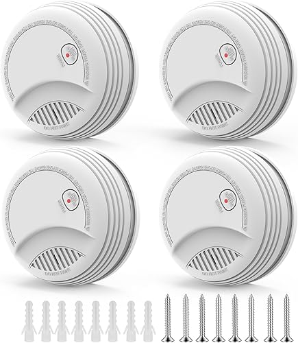 Paquete de 4 detectores de humo, sensor fotoeléctrico de alarma de humo de incendios alimentada por batería, luz de advertencia LED de 85 dB de