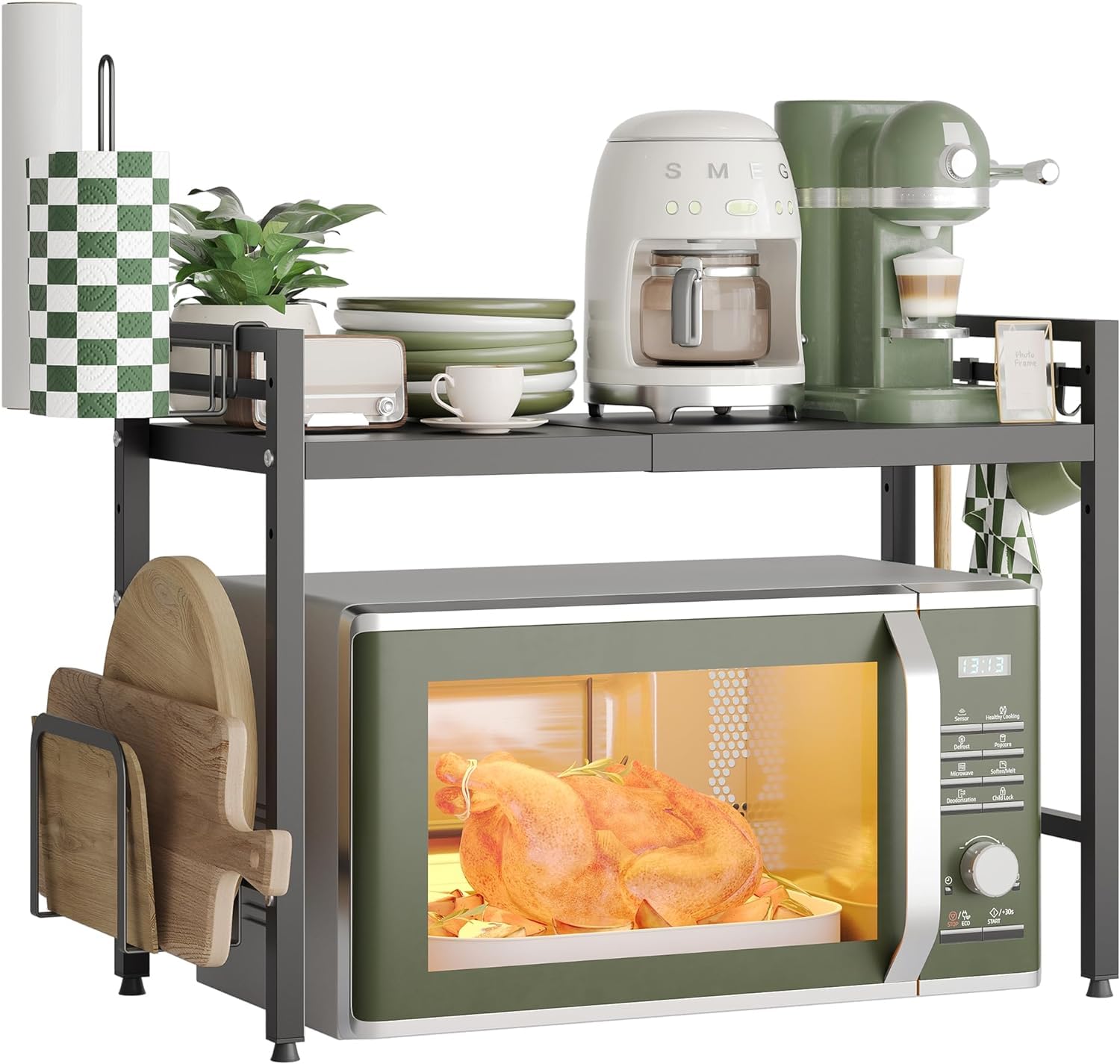 NETEL Expandable Microwave Shelf, 2-Tier Microwave Stand with Chopping Board Holder and kitchen roll holder, Microwave Oven Rack with 8 Hooks, Kitchen Countertop Organiser