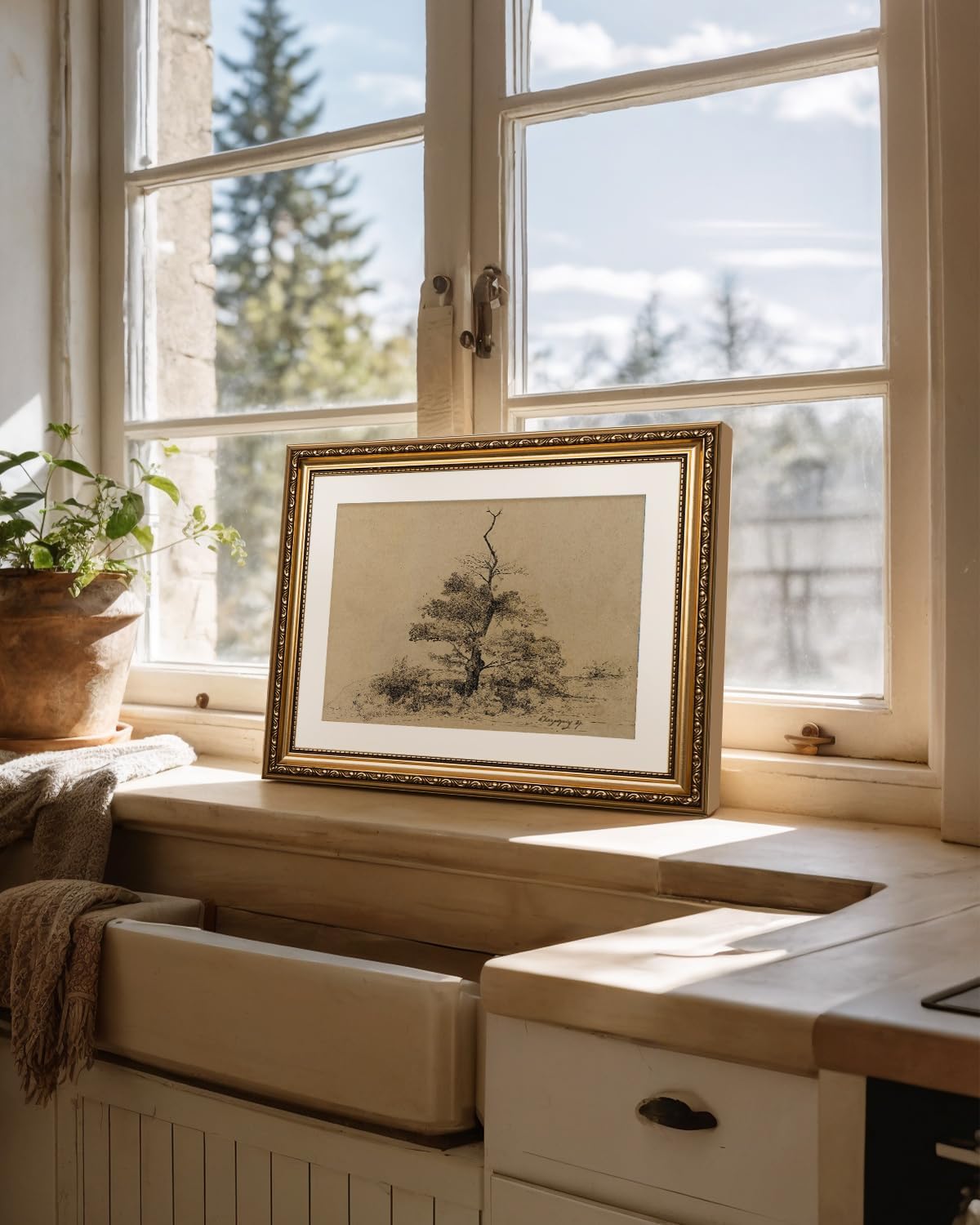 Vintage Gold Relief Framed Tree Sketch Wall Art 13x16 Inch, Classic Landscape Neutral Beige Artwork, Antique Nature Drawing Print Living Room Bedroom Study Office Hallway Farmhouse Home Decor