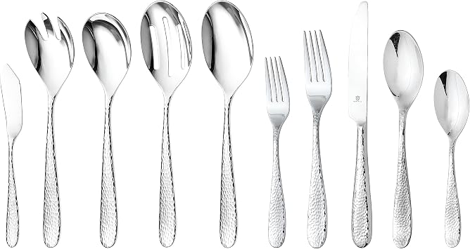 DANIALLI Fidenza Hammered 60-Piece Silverware Set & 10-Piece Serving Set Bundle