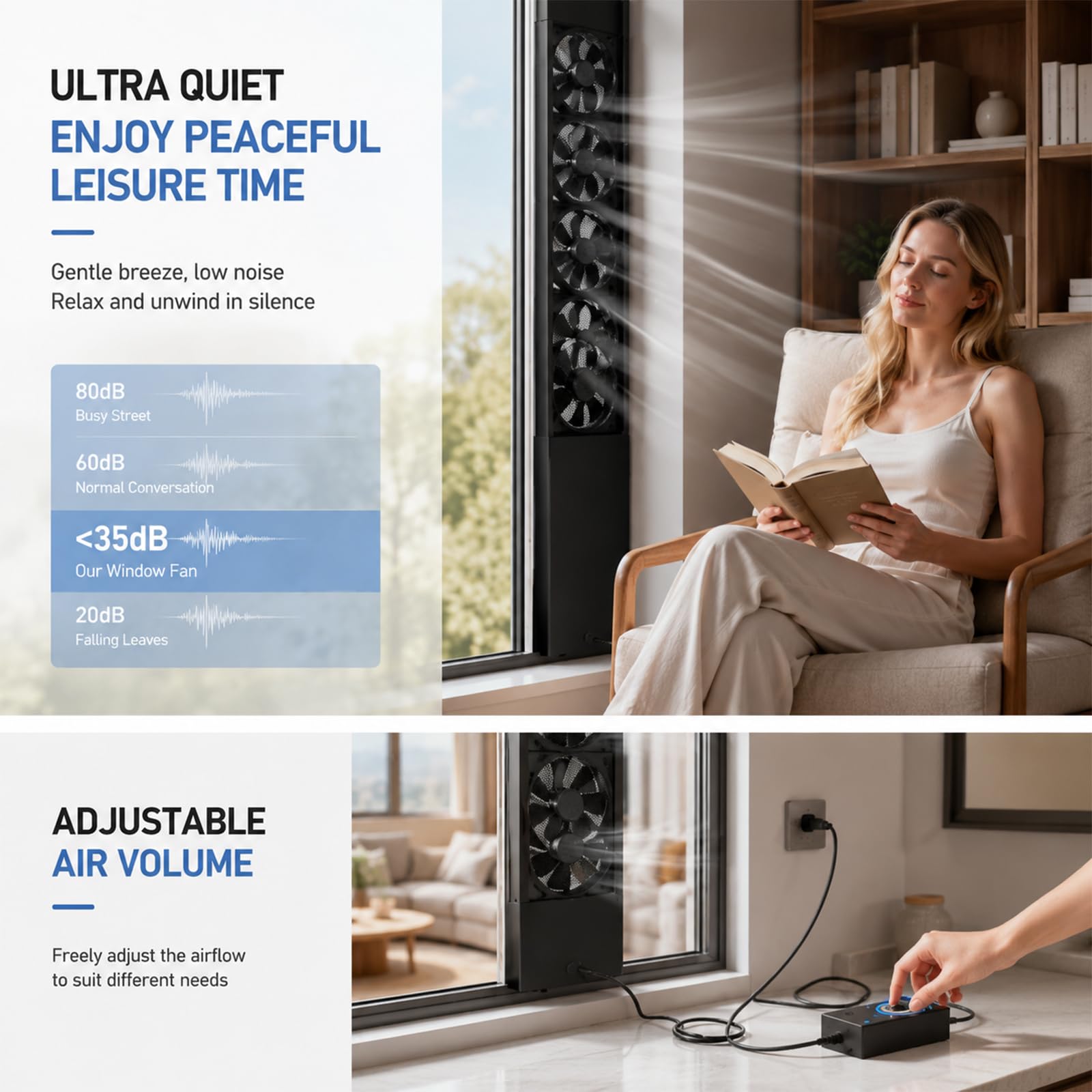 Extrem Leiser Fensterlüfter Mit Ausziehbarem Rahmen, Geräuschpegel Unter 35 Db, Werkzeuglose Montage, Stufenlose Geschwindigkeitsregelung Für Schlafzimmer, Wohnmobil Und Küche black 59*69cm