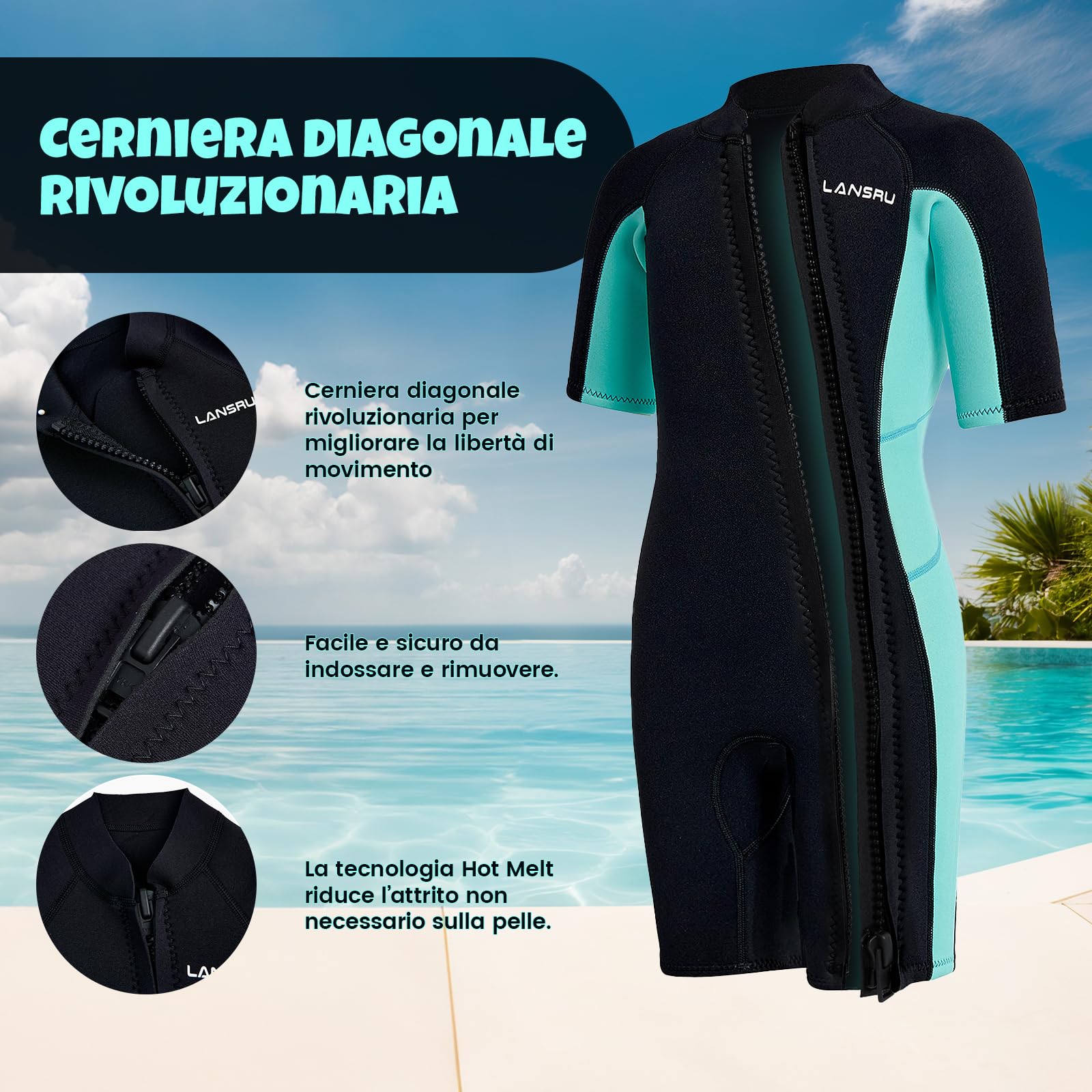 Muta in neoprene per bambini – 2,5 mm SCR, tuta corta sicura con protezione UV, cerniera anteriore obliqua, mantiene gli adolescenti caldi in acqua fredda