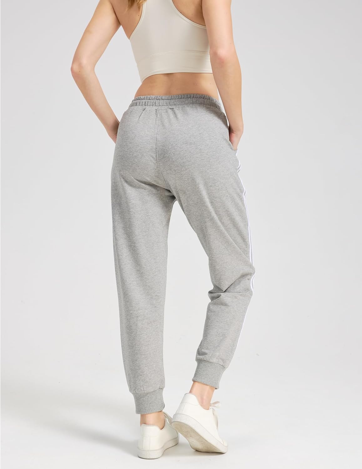 Women's Joggers 95% Cotton Sweatpants Pockets Relaxed Fit Elastic Waist Cuffed Ankle Striped Casual Athletic Pants - Image 7
